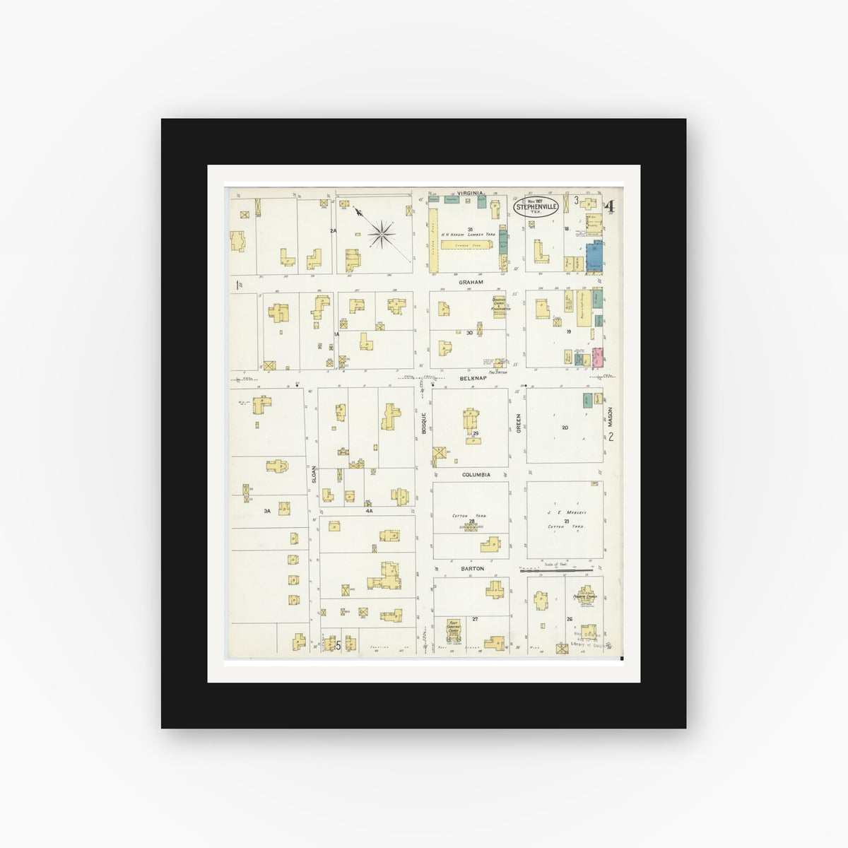 Old map wall art mockup — black gallery frame with white mat — Sanborn Fire Insurance Map from Stephenville, Erath County, Texas (1907), Sheet #0004