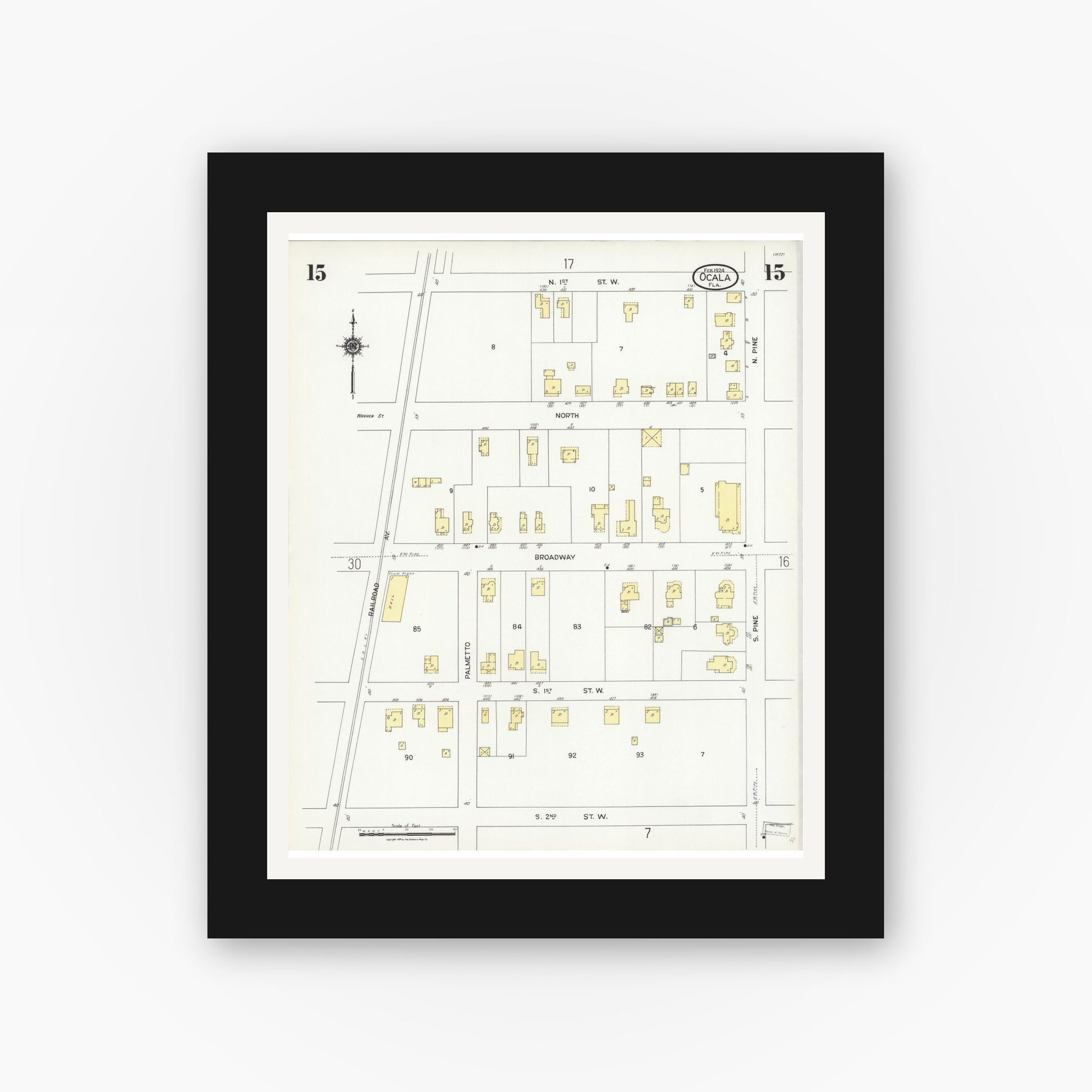 Old map wall art mockup — black gallery frame with white mat — Sanborn Fire Insurance Map from Ocala, Marion County, Florida (1924), Sheet #0015