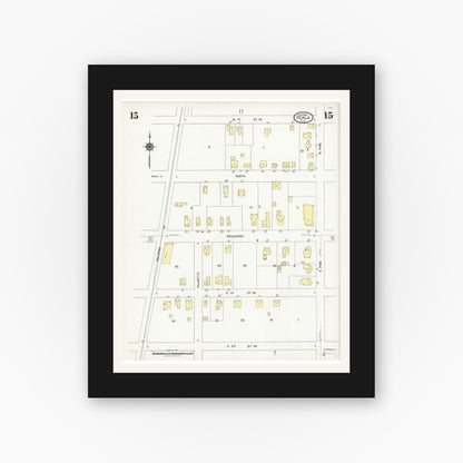 Old map wall art mockup — black gallery frame with white mat — Sanborn Fire Insurance Map from Ocala, Marion County, Florida (1924), Sheet #0015