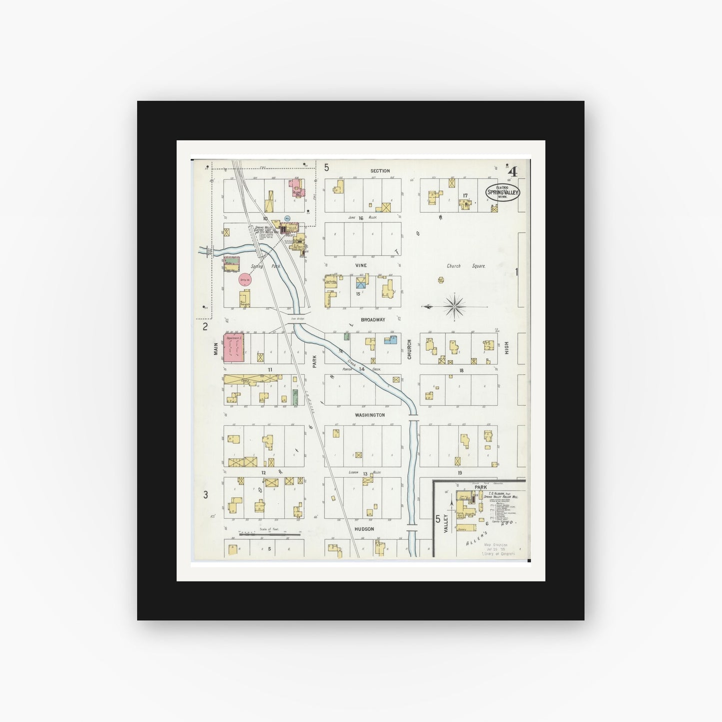 Old map wall art mockup — black gallery frame with white mat — Sanborn Fire Insurance Map from Spring Valley, Fillmore County, Minnesota (1900), Sheet #0004