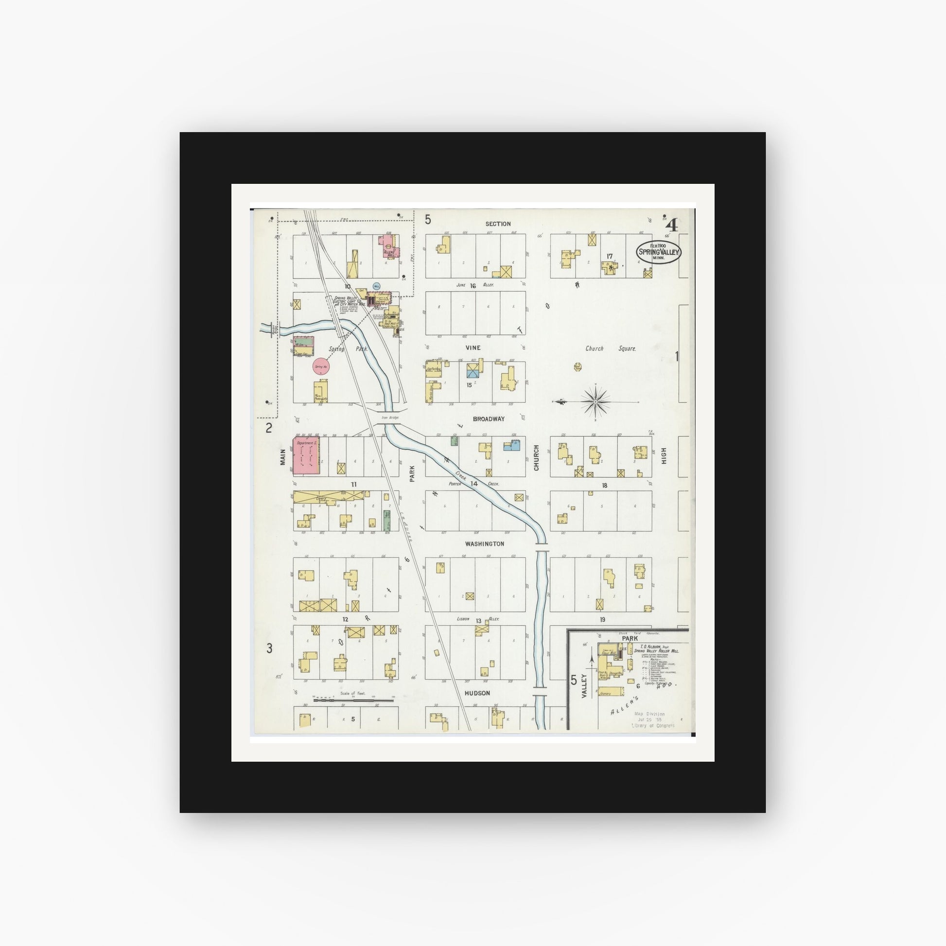 Old map wall art mockup — black gallery frame with white mat — Sanborn Fire Insurance Map from Spring Valley, Fillmore County, Minnesota (1900), Sheet #0004
