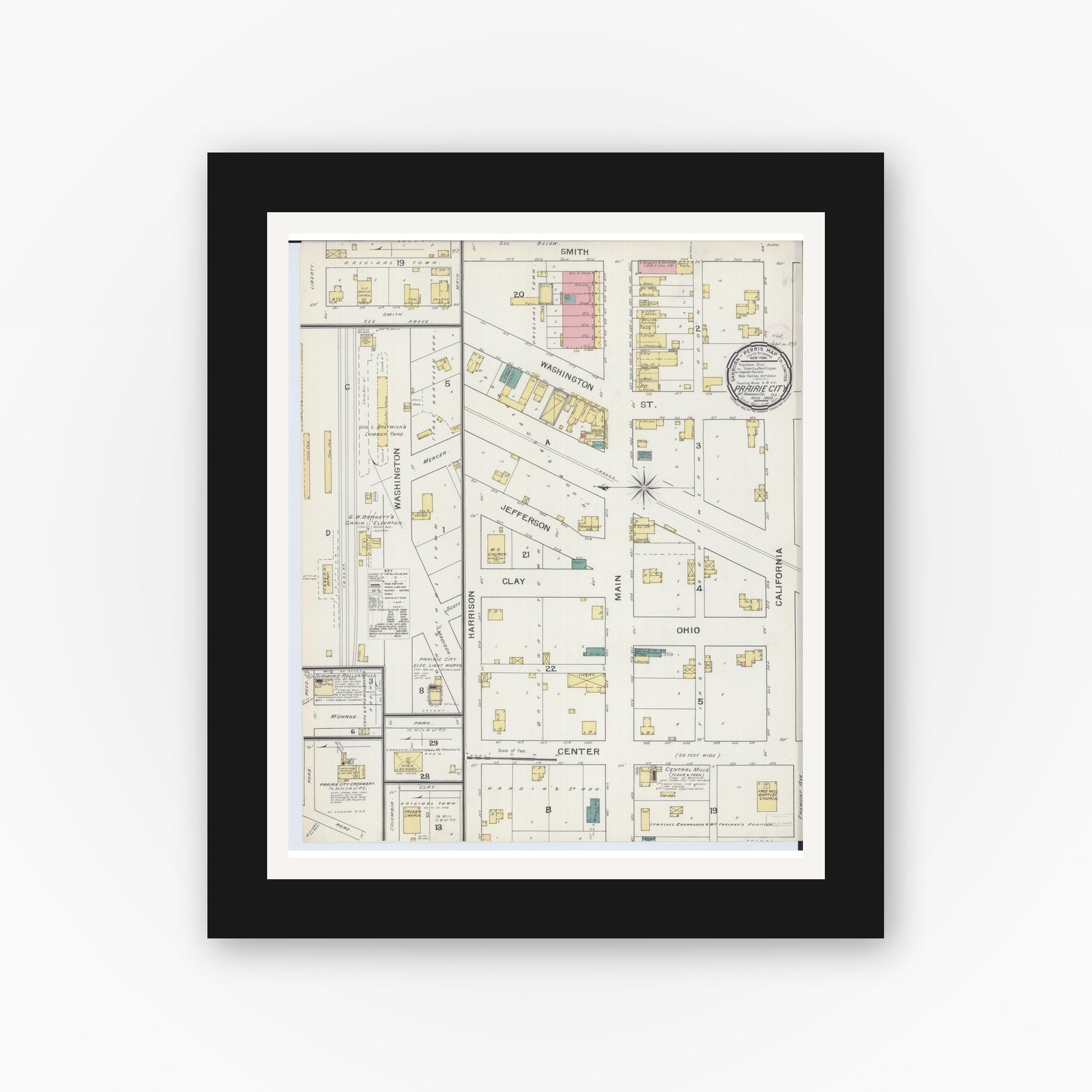 Old map wall art mockup — black gallery frame with white mat — Sanborn Fire Insurance Map from Prairie City, Mcdonough County, Illinois (1893) - Complete Map Set