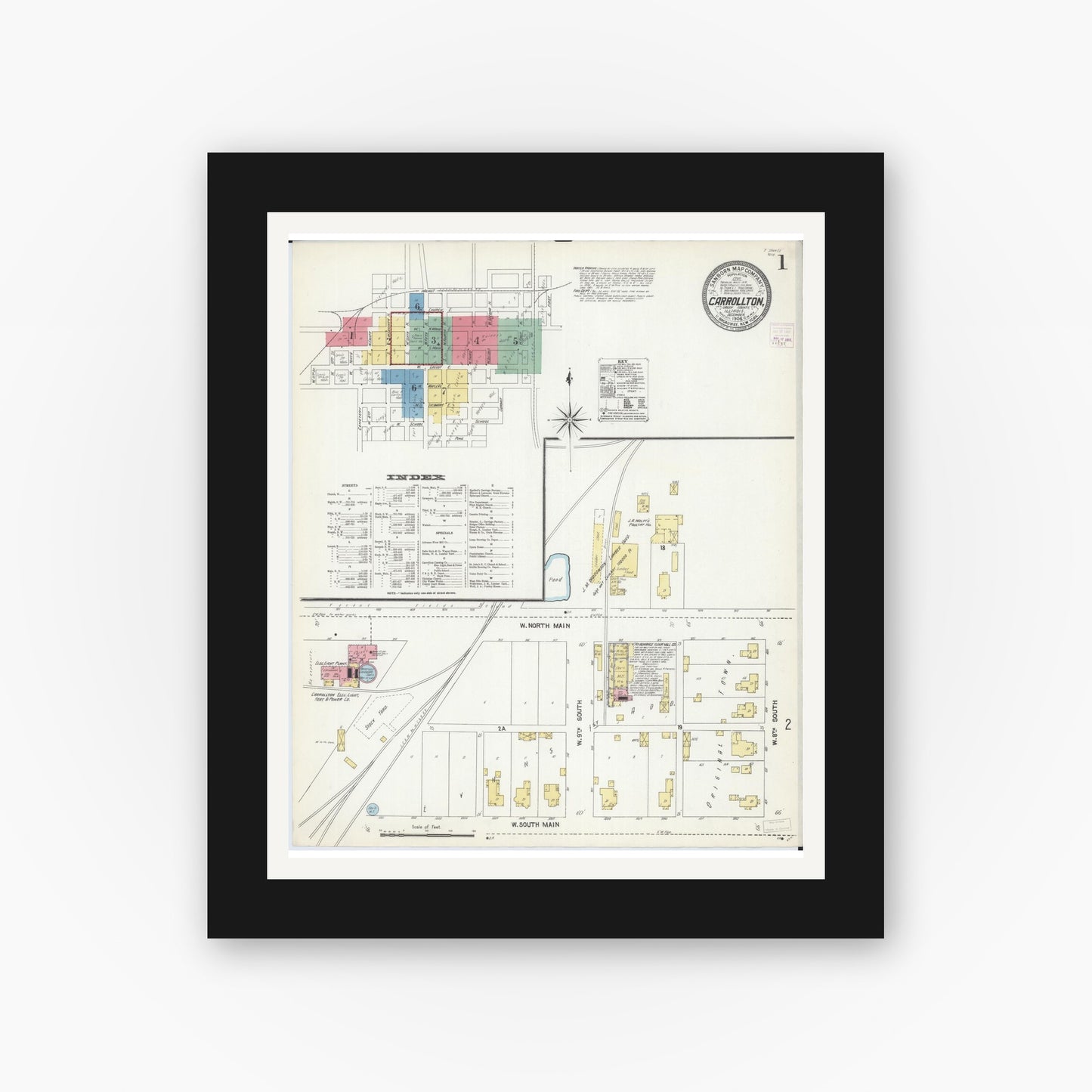 Old map wall art mockup — black gallery frame with white mat — Sanborn Fire Insurance Map from Carrollton, Greene County, Illinois (1906) - Complete Map Set