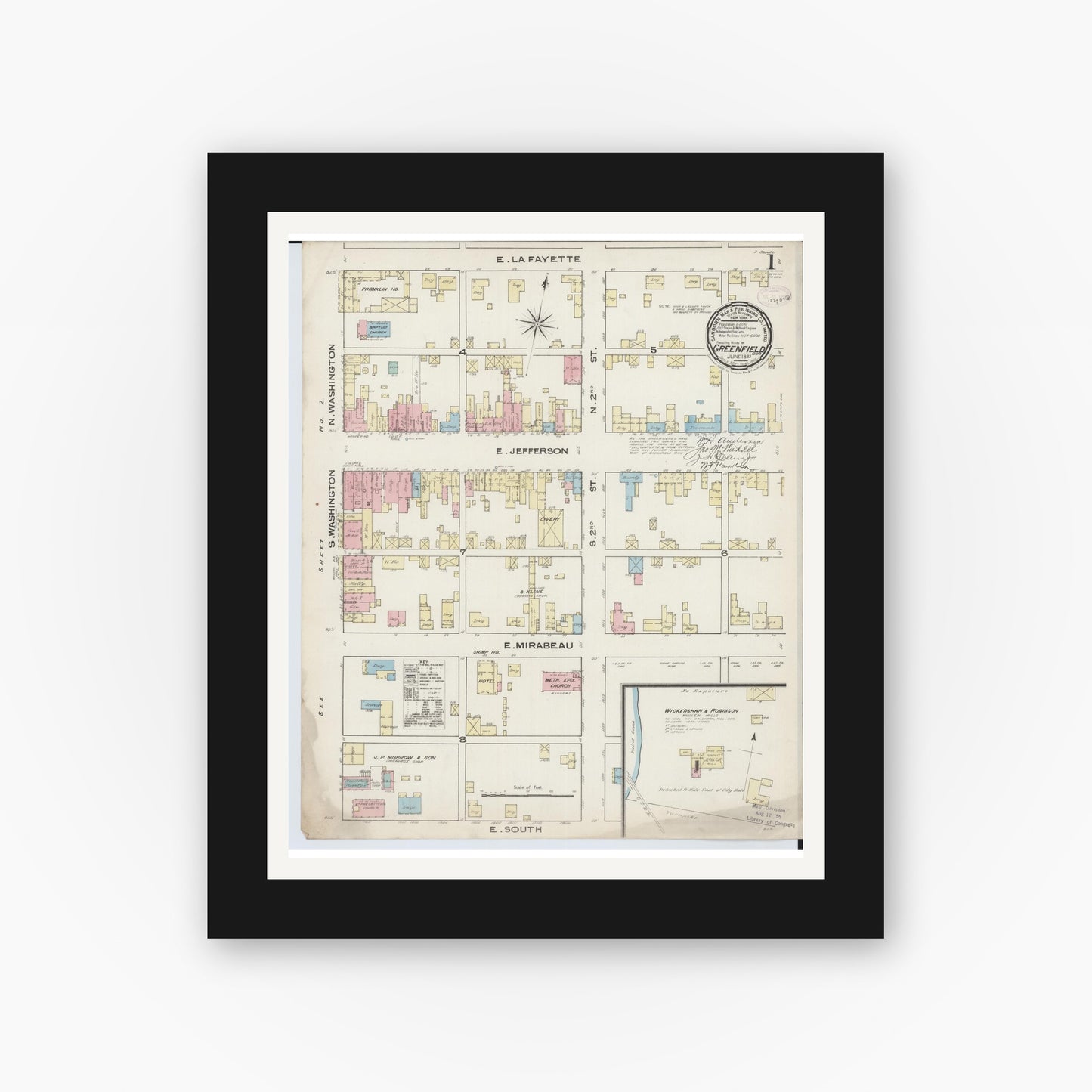 Old map wall art mockup — black gallery frame with white mat — Sanborn Fire Insurance Map from Greenfield, Highland County, Ohio (1885) - Complete Map Set