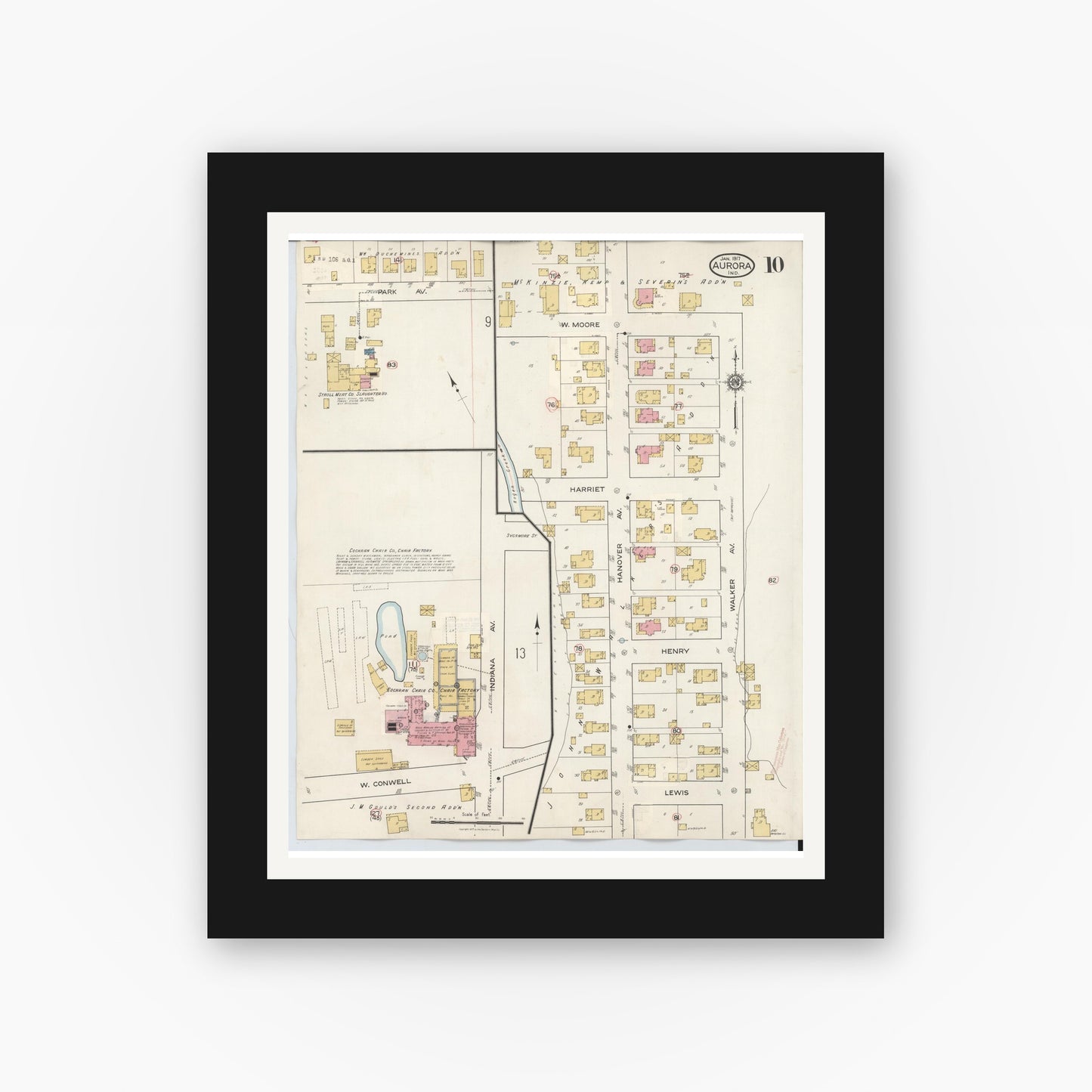 Old map wall art mockup — black gallery frame with white mat — Sanborn Fire Insurance Map from Aurora, Dearborn County, Indiana (1935), Sheet #0010
