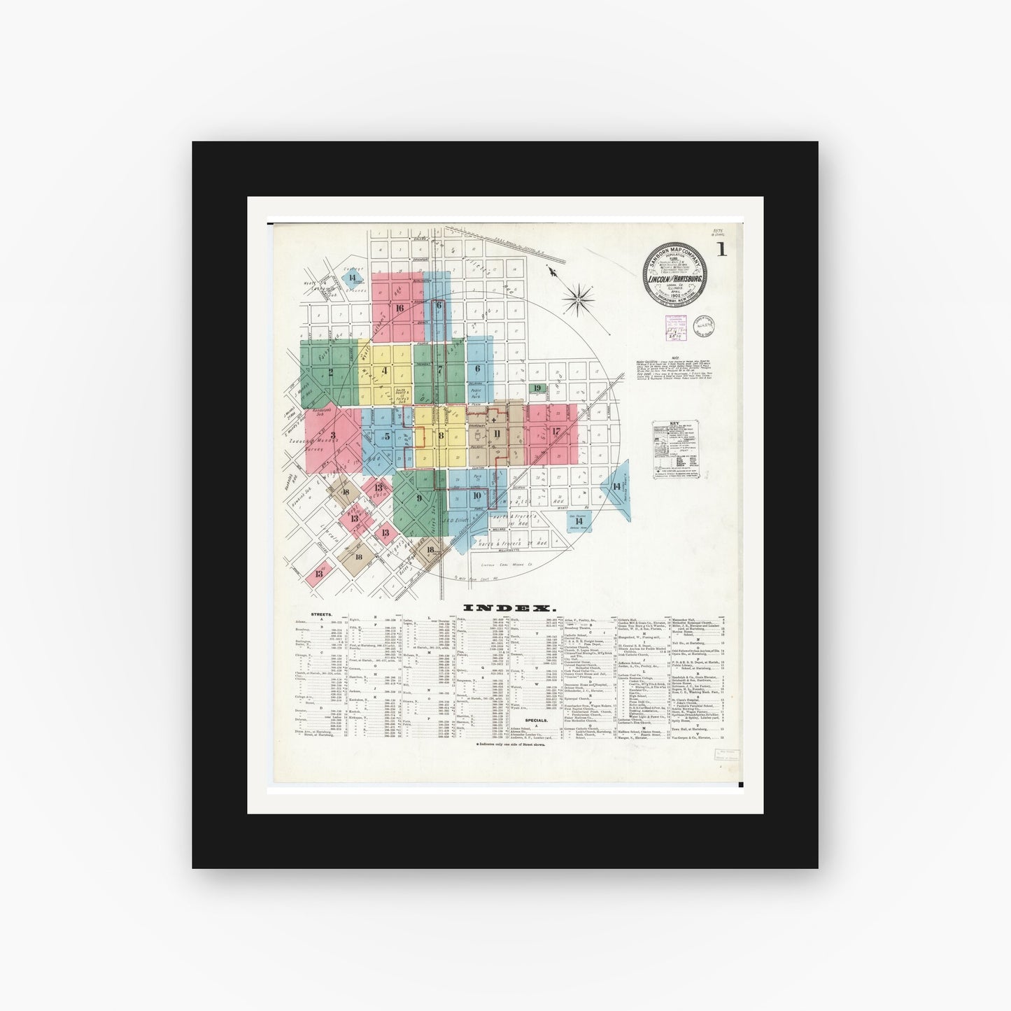 Old map wall art mockup — black gallery frame with white mat — Sanborn Fire Insurance Map from Lincoln, Logan County, Illinois (1902), Sheet #0001