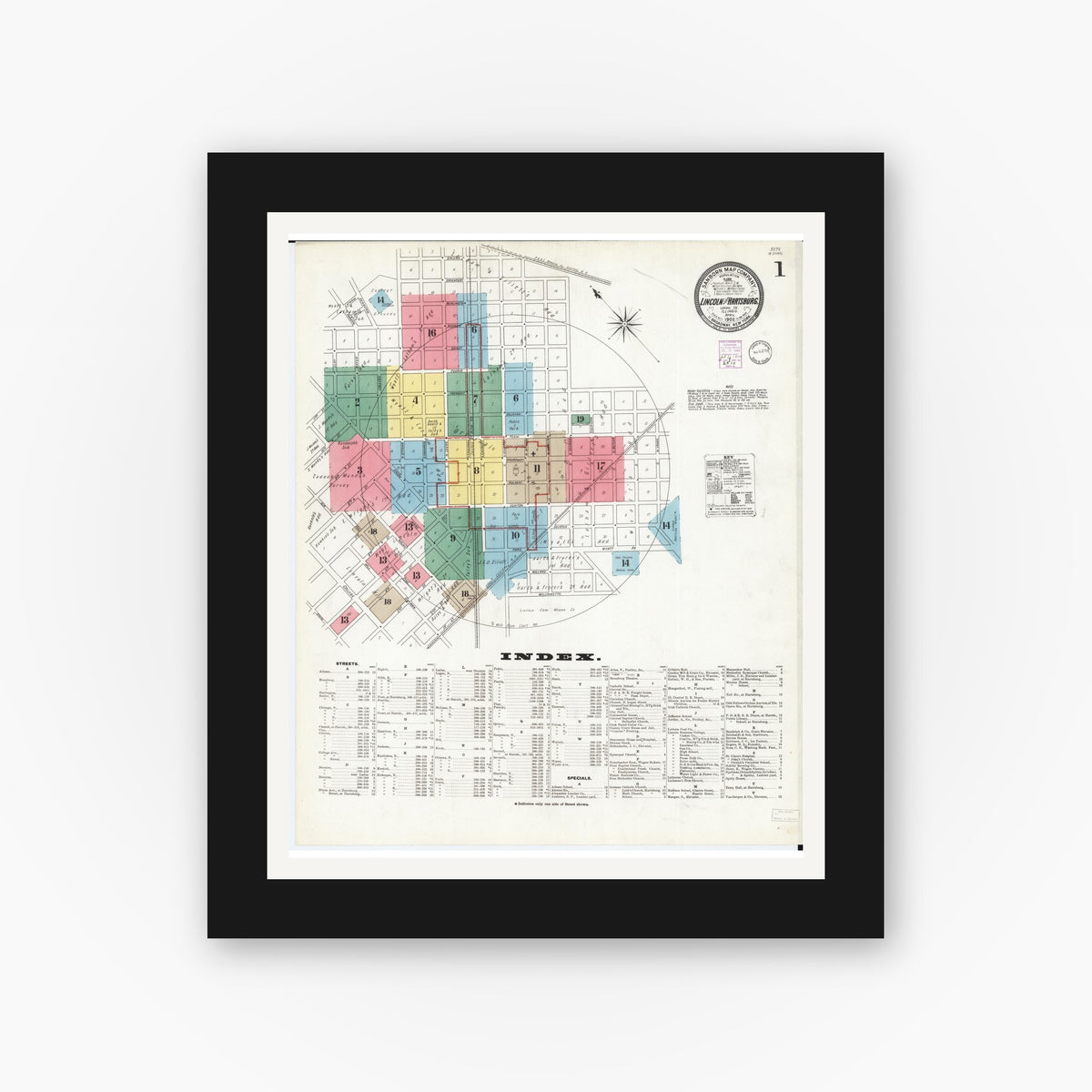 Old map wall art mockup — black gallery frame with white mat — Sanborn Fire Insurance Map from Lincoln, Logan County, Illinois (1902), Sheet #0001