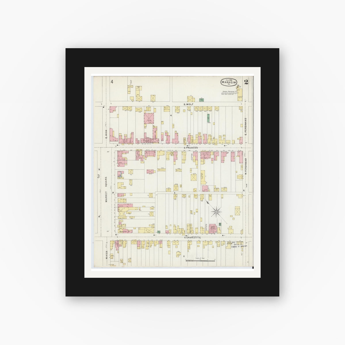 Old map wall art mockup — black gallery frame with white mat — Sanborn Fire Insurance Map from Manheim, Lancaster County, Pennsylvania (1896), Sheet #0002
