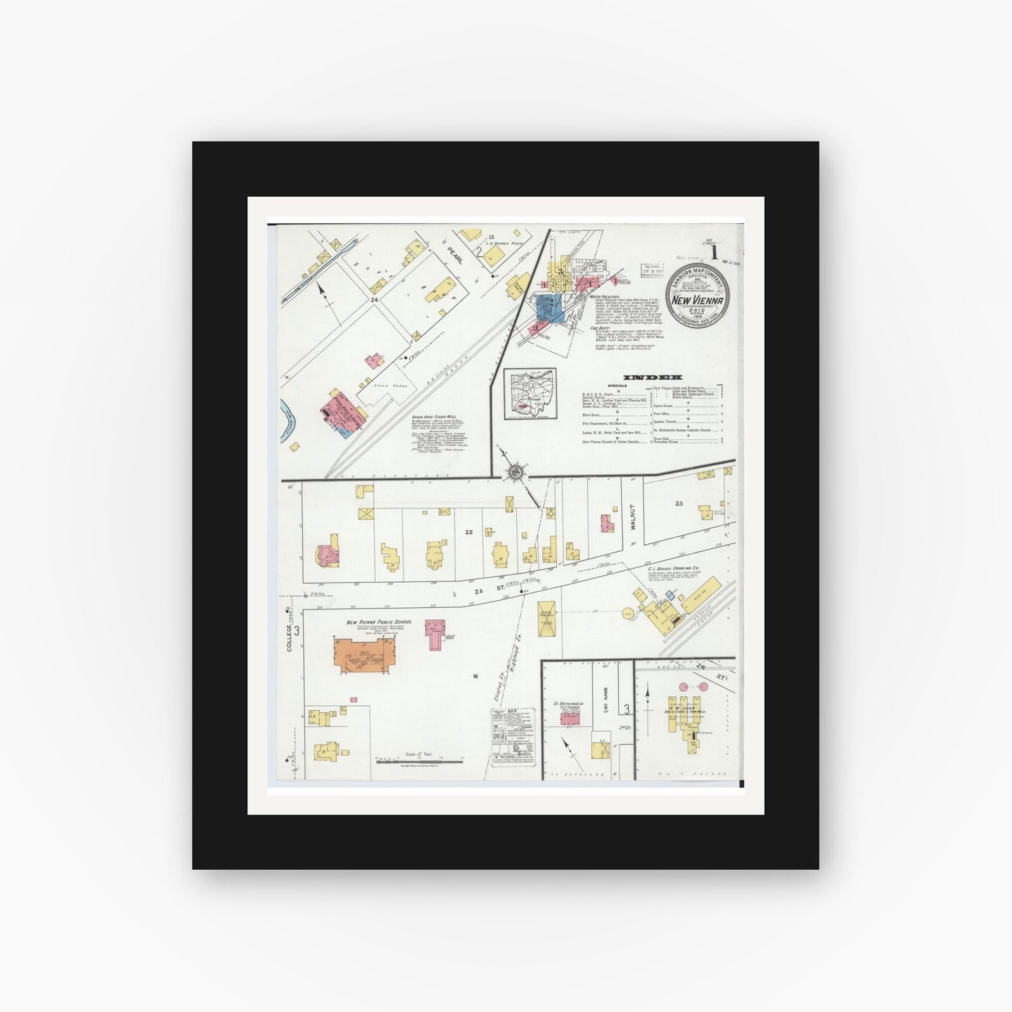Old map wall art mockup — black gallery frame with white mat — Sanborn Fire Insurance Map from New Vienna, Clinton County, Ohio (1919), Sheet #0001