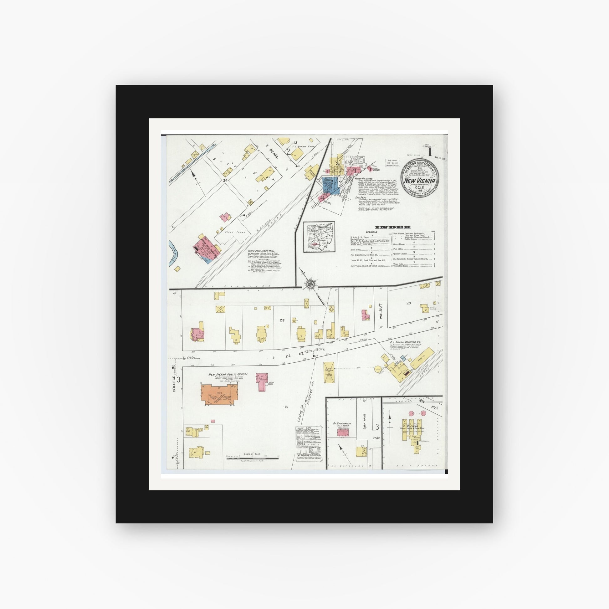 Old map wall art mockup — black gallery frame with white mat — Sanborn Fire Insurance Map from New Vienna, Clinton County, Ohio (1919), Sheet #0001