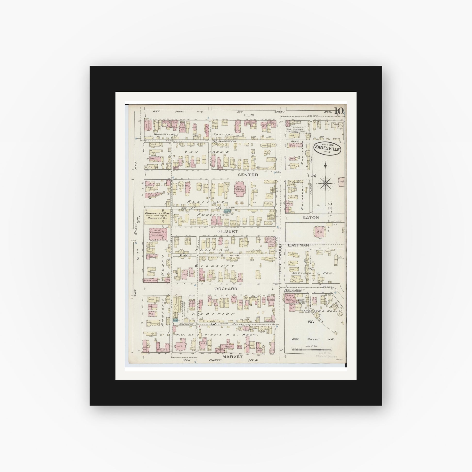 Old map wall art mockup — black gallery frame with white mat — Sanborn Fire Insurance Map from Zanesville, Muskingum County, Ohio (1886), Sheet #0010