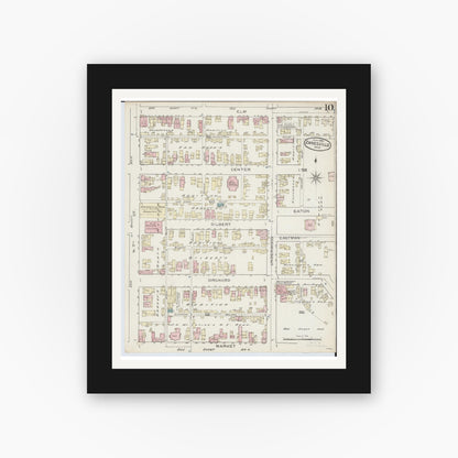 Old map wall art mockup — black gallery frame with white mat — Sanborn Fire Insurance Map from Zanesville, Muskingum County, Ohio (1886), Sheet #0010