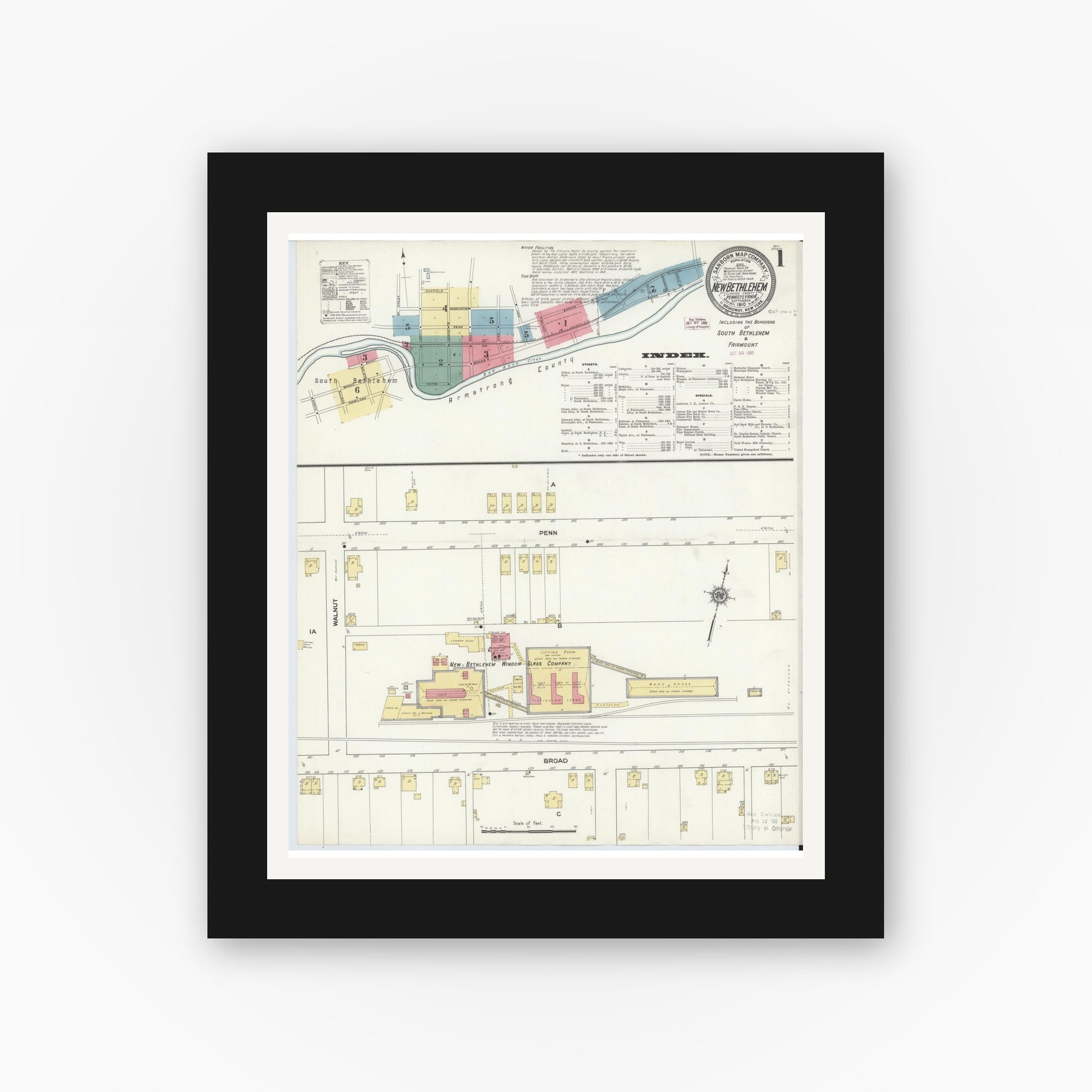 Old map wall art mockup — black gallery frame with white mat — Sanborn Fire Insurance Map from New Bethlehem, Clarion County, Pennsylvania (1910), Sheet #0001