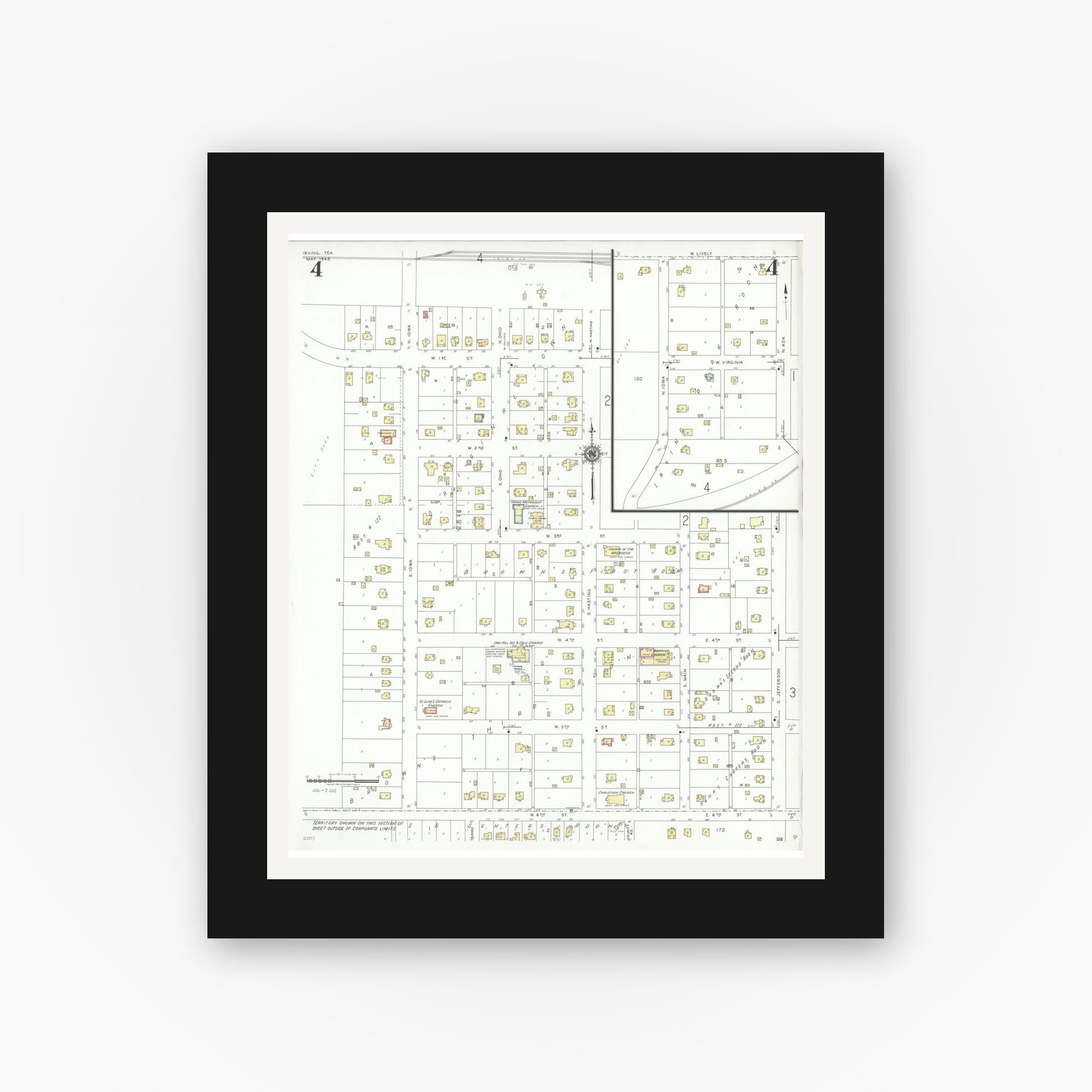 Old map wall art mockup — black gallery frame with white mat — Sanborn Fire Insurance Map from Irving, Dallas County, Texas (1942), Sheet #0004