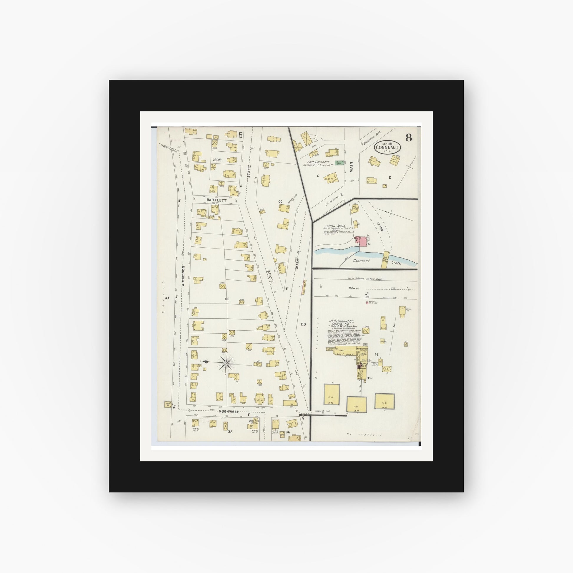 Old map wall art mockup — black gallery frame with white mat — Sanborn Fire Insurance Map from Conneaut, Ashtabula County, Ohio (1898), Sheet #0008