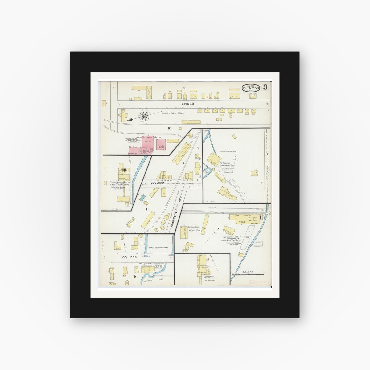Old map wall art mockup — black gallery frame with white mat — Sanborn Fire Insurance Map from Clinton, Oneida County, New York (1891), Sheet #0003