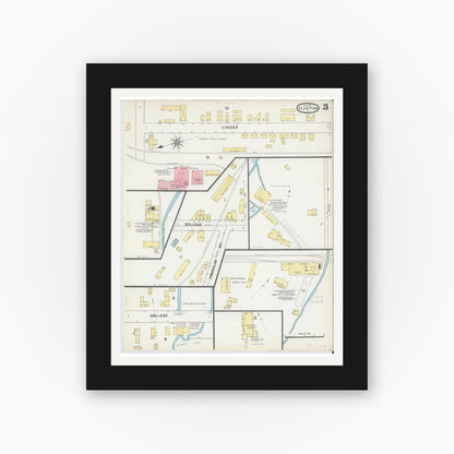 Old map wall art mockup — black gallery frame with white mat — Sanborn Fire Insurance Map from Clinton, Oneida County, New York (1891), Sheet #0003
