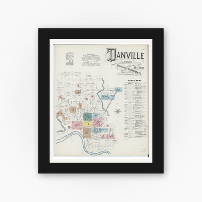 Old map wall art mockup — black gallery frame with white mat — Sanborn Fire Insurance Map from Danville, Vermilion County, Illinois (1890) - Complete Map Set