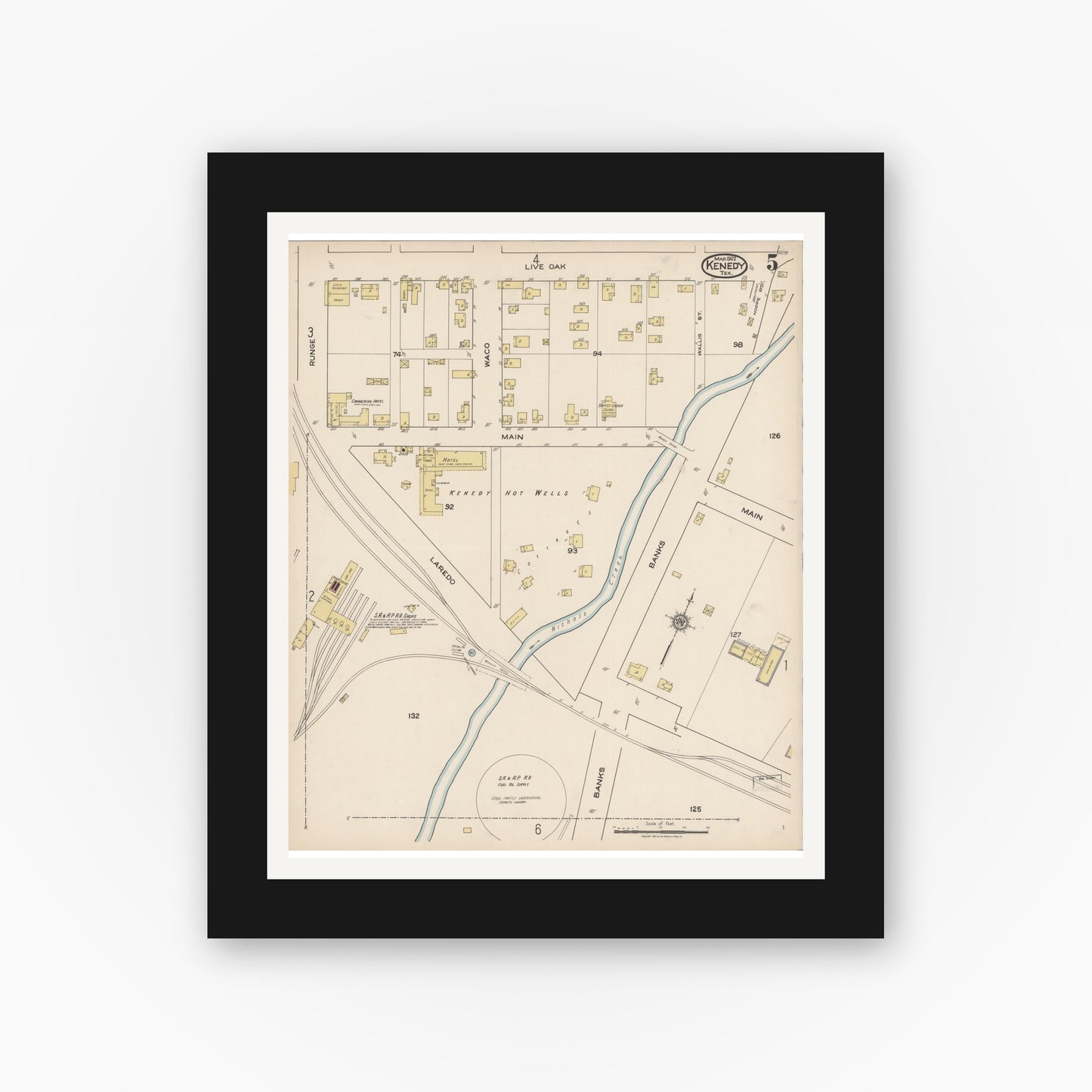Old map wall art mockup — black gallery frame with white mat — Sanborn Fire Insurance Map from Kenedy, Karnes County, Texas (1922), Sheet #0005