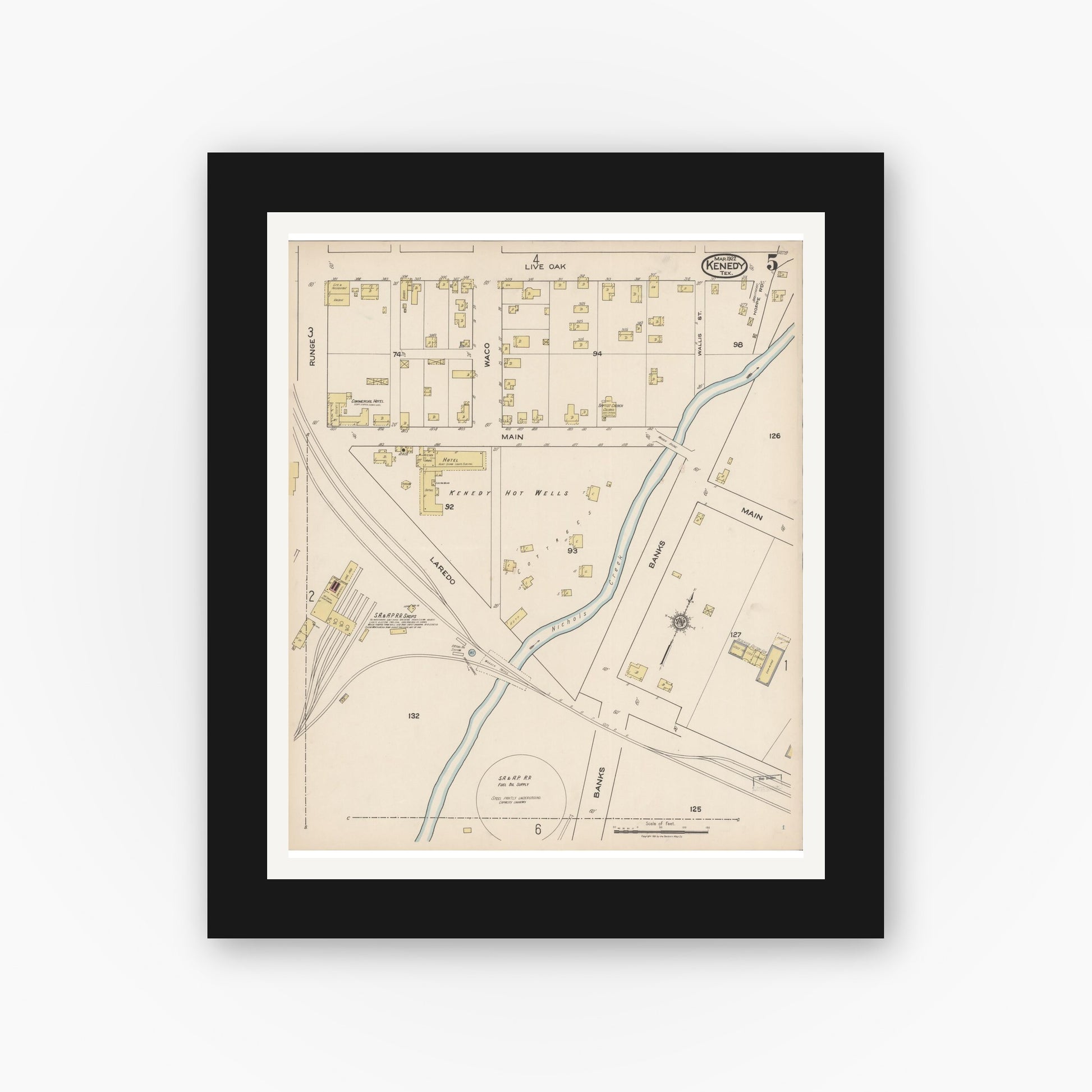 Old map wall art mockup — black gallery frame with white mat — Sanborn Fire Insurance Map from Kenedy, Karnes County, Texas (1922), Sheet #0005