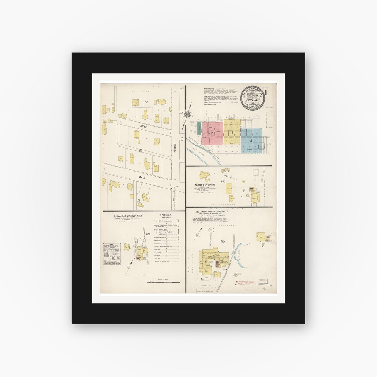 Old map wall art mockup — black gallery frame with white mat — Sanborn Fire Insurance Map from Fortuna, Humboldt County, California (1911) - Complete Map Set