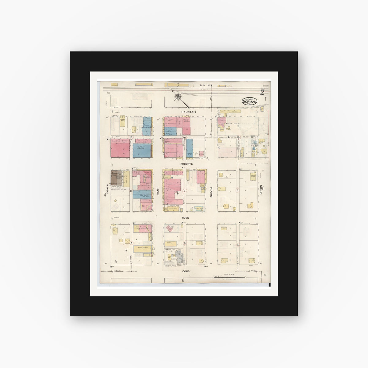 Old map wall art mockup — black gallery frame with white mat — Sanborn Fire Insurance Map from Gorman, Eastland County, Texas (1945), Sheet #0002