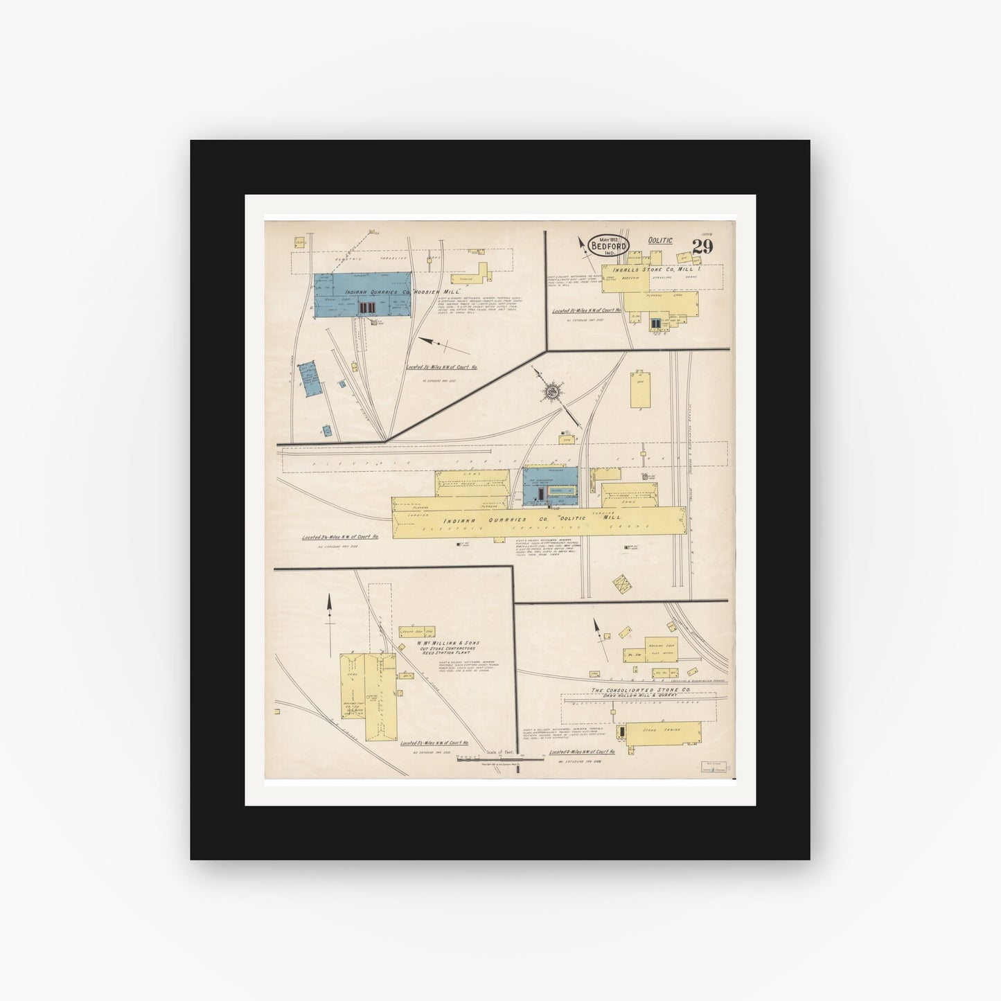 Old map wall art mockup — black gallery frame with white mat — Sanborn Fire Insurance Map from Bedford, Lawrence County, Indiana (1922), Sheet #0029