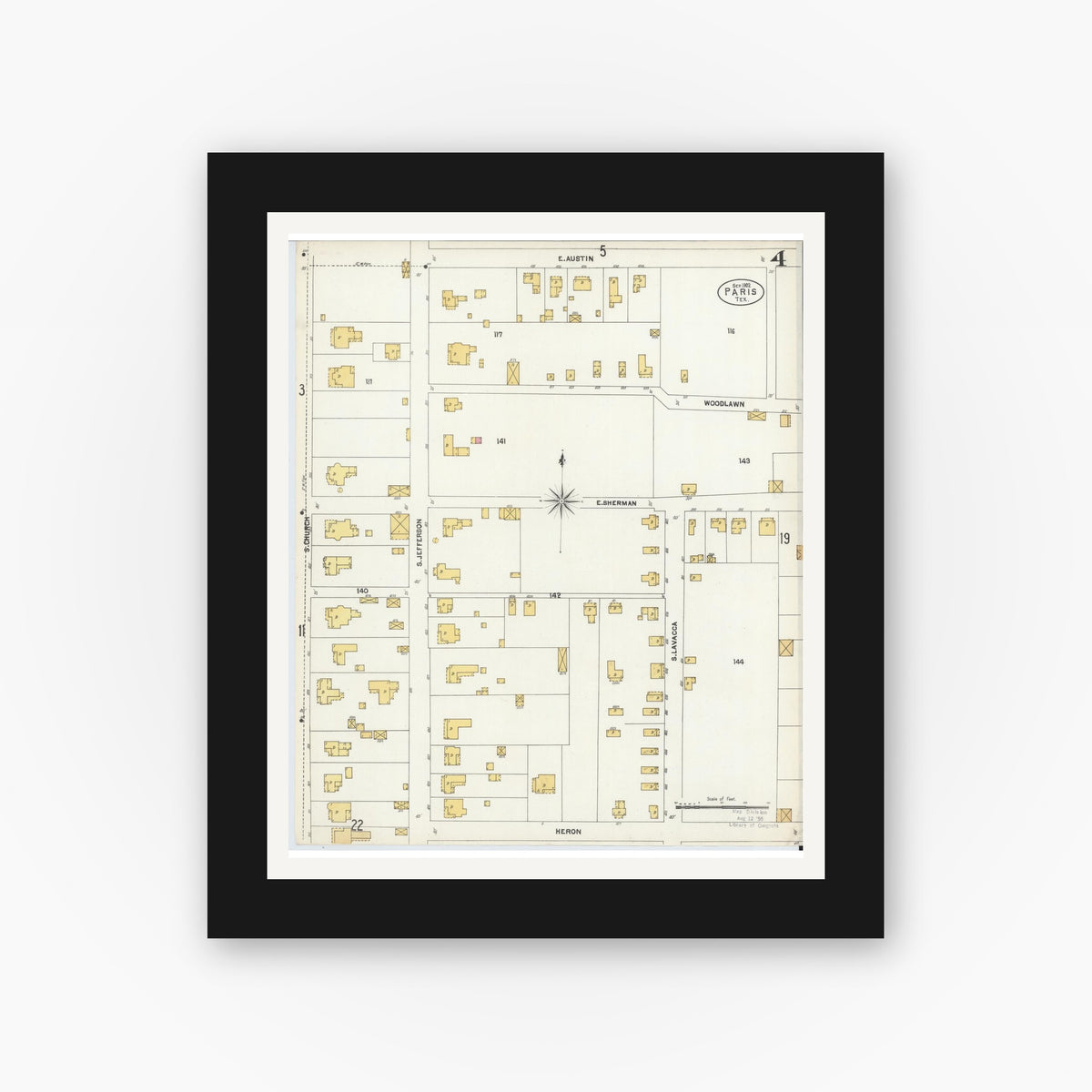 Old map wall art mockup — black gallery frame with white mat — Sanborn Fire Insurance Map from Paris, Lamar County, Texas (1902), Sheet #0004