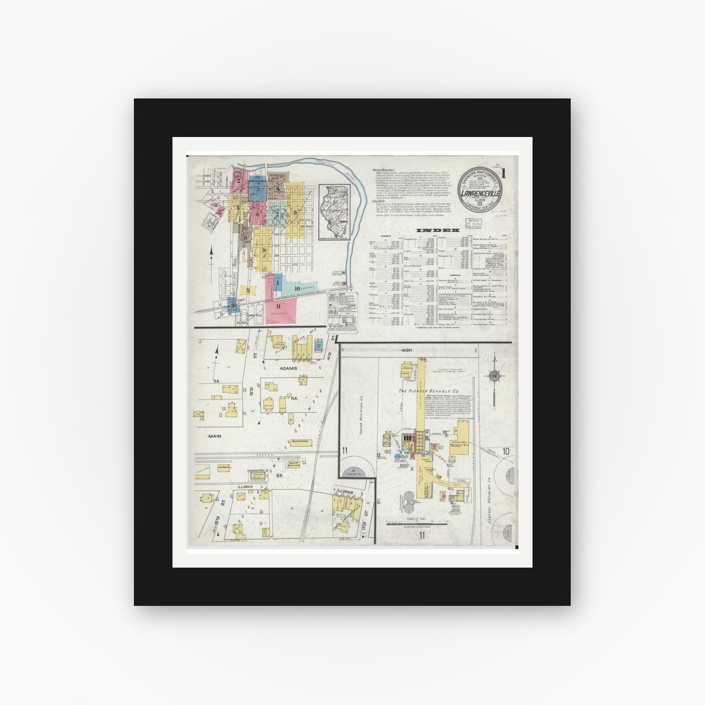 Old map wall art mockup — black gallery frame with white mat — Sanborn Fire Insurance Map from Lawrenceville, Lawrence County, Illinois (1918) - Complete Map Set