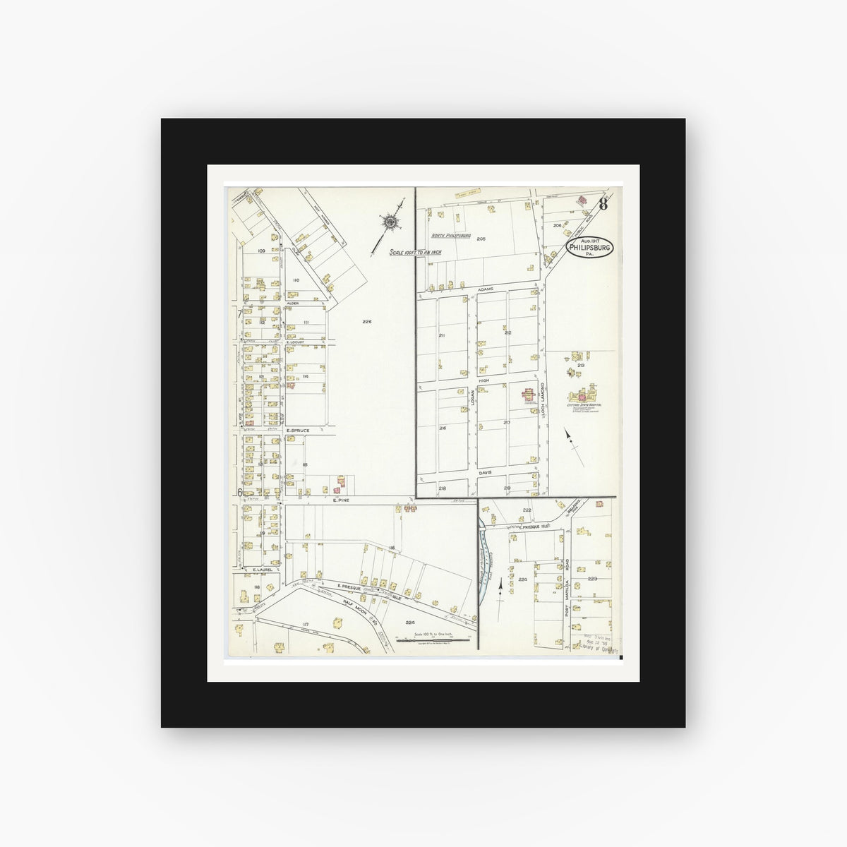 Old map wall art mockup — black gallery frame with white mat — Sanborn Fire Insurance Map from Philipsburg, Centre County, Pennsylvania (1917), Sheet #0008