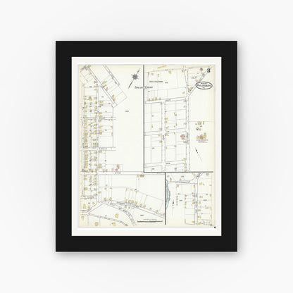 Old map wall art mockup — black gallery frame with white mat — Sanborn Fire Insurance Map from Philipsburg, Centre County, Pennsylvania (1917), Sheet #0008