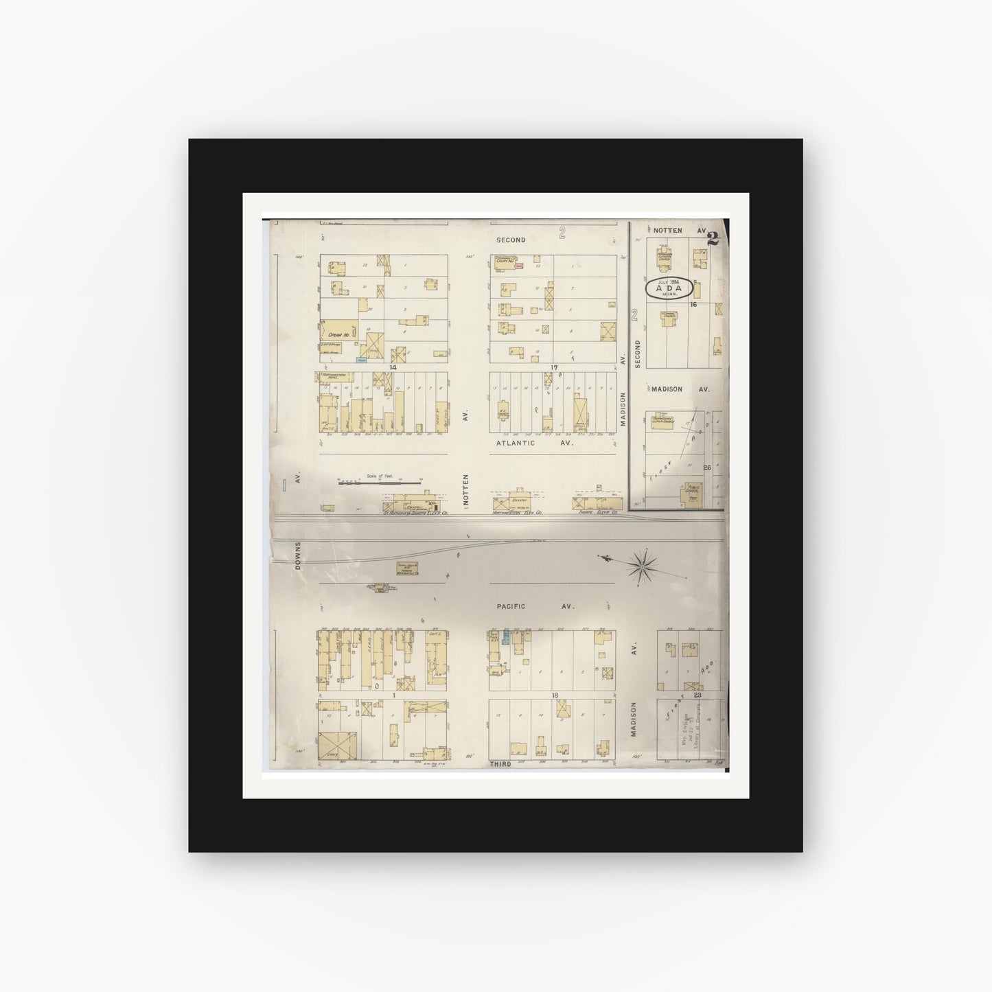 Old map wall art mockup — black gallery frame with white mat — Sanborn Fire Insurance Map from Ada, Norman County, Minnesota (1894), Sheet #0002