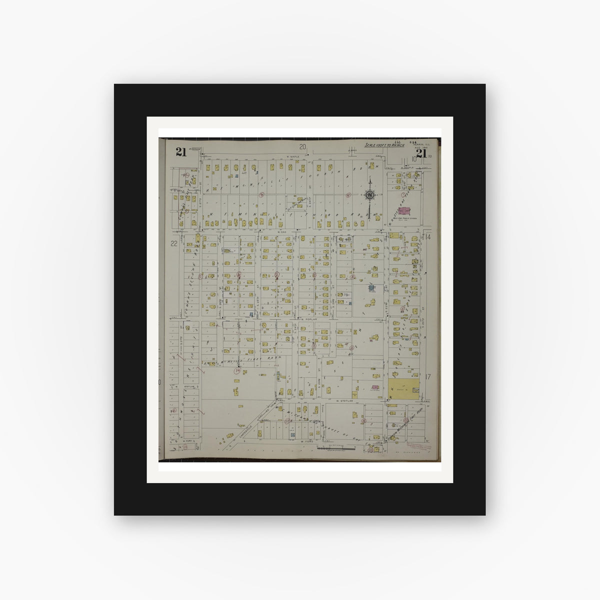 Old map wall art mockup — black gallery frame with white mat — Sanborn Fire Insurance Map from Herrin, Williamson County, Illinois (1947), Sheet #0021
