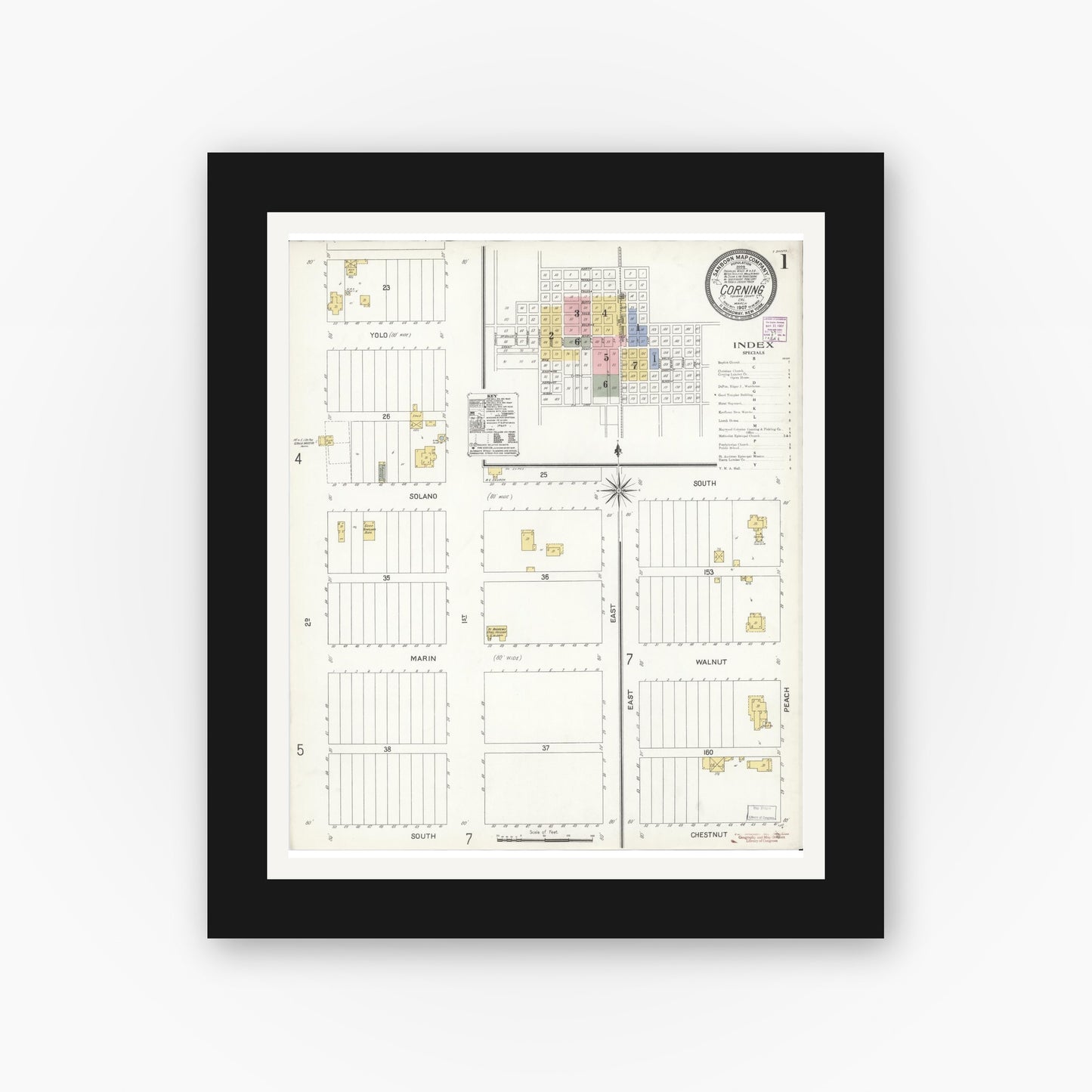 Old map wall art mockup — black gallery frame with white mat — Sanborn Fire Insurance Map from Corning, Tehama County, California (1907), Sheet #0001