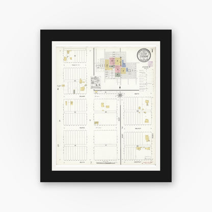Old map wall art mockup — black gallery frame with white mat — Sanborn Fire Insurance Map from Corning, Tehama County, California (1907), Sheet #0001