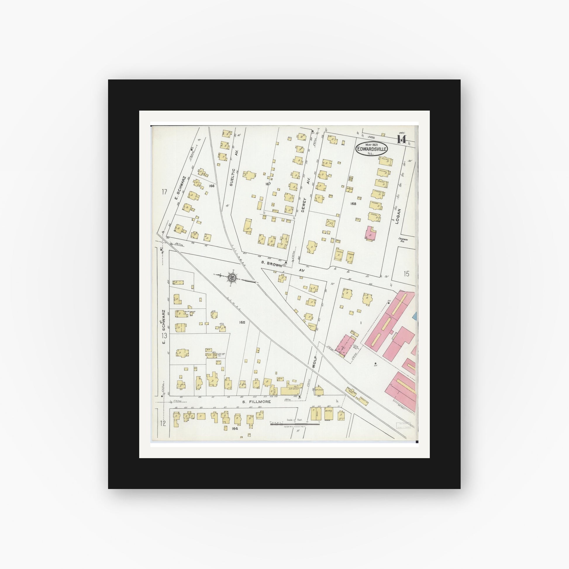 Old map wall art mockup — black gallery frame with white mat — Sanborn Fire Insurance Map from Edwardsville, Madison County, Illinois (1921), Sheet #0014