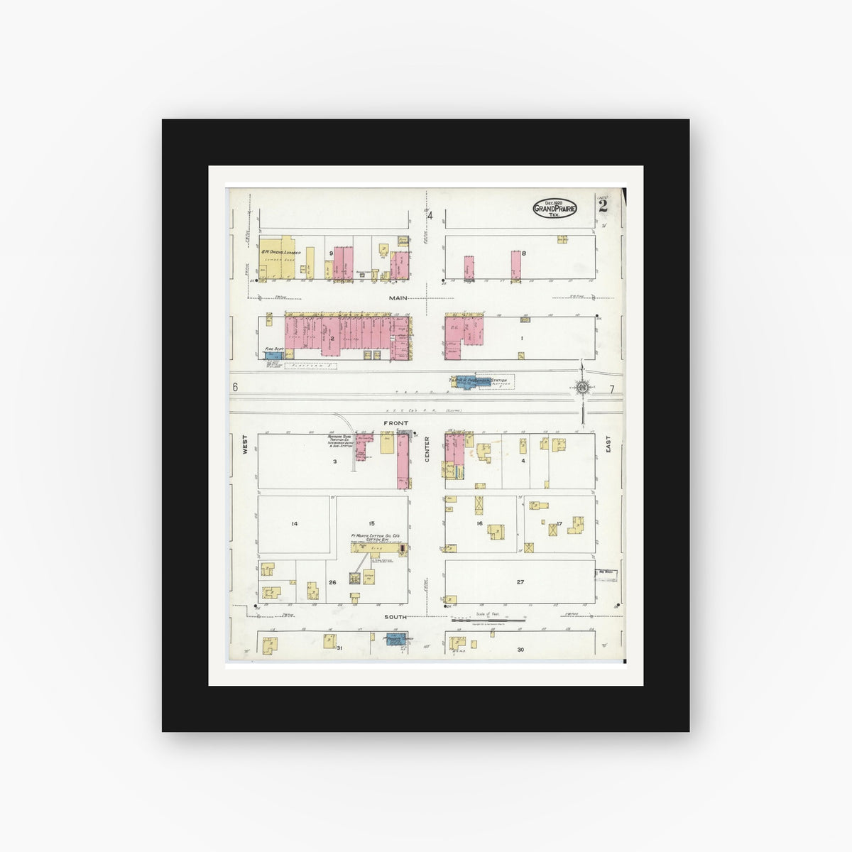 Old map wall art mockup — black gallery frame with white mat — Sanborn Fire Insurance Map from Grand Prairie, Dallas County, Texas (1920), Sheet #0002