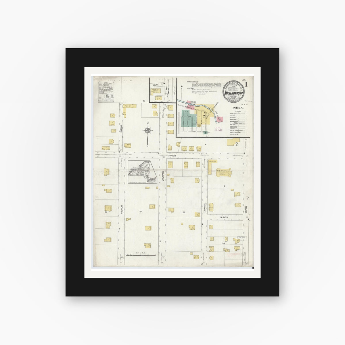 Old map wall art mockup — black gallery frame with white mat — Sanborn Fire Insurance Map from Marlborough, Ulster County, New York (1912) - Complete Map Set