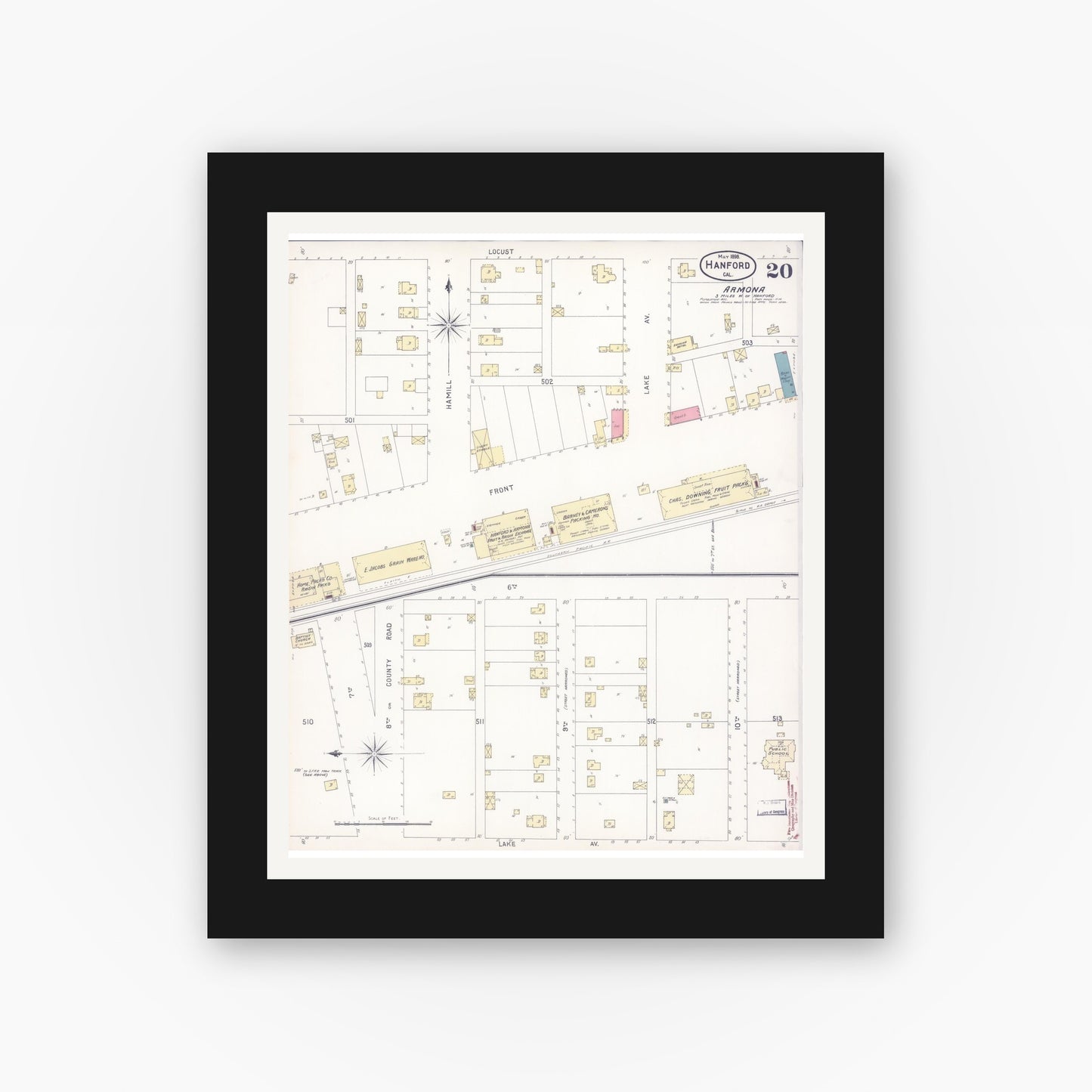 Old map wall art mockup — black gallery frame with white mat — Sanborn Fire Insurance Map from Hanford, Kings County, California (1898), Sheet #0020