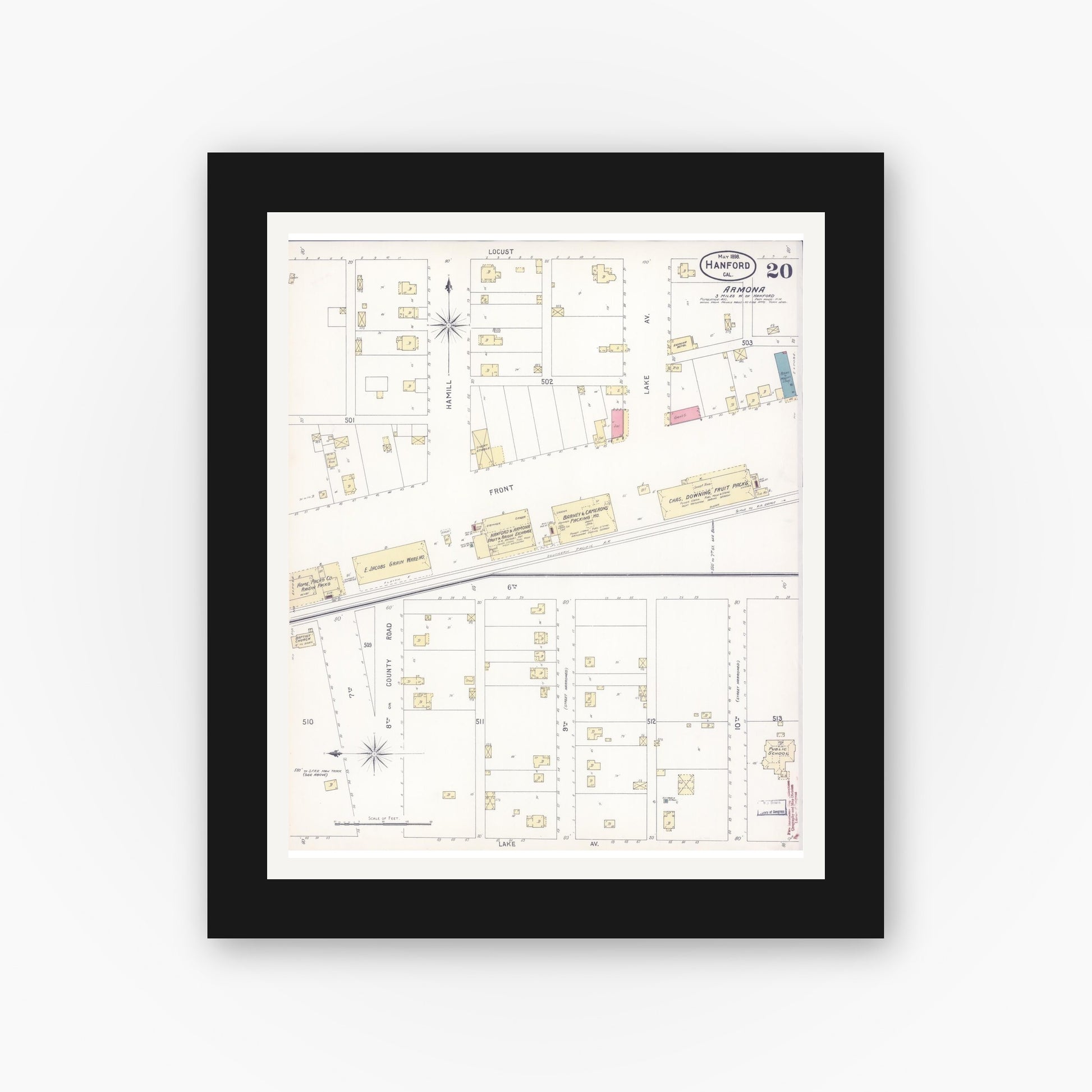 Old map wall art mockup — black gallery frame with white mat — Sanborn Fire Insurance Map from Hanford, Kings County, California (1898), Sheet #0020