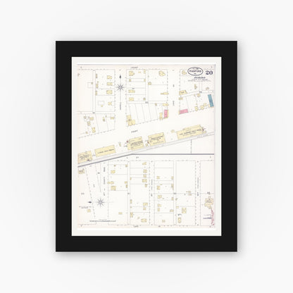 Old map wall art mockup — black gallery frame with white mat — Sanborn Fire Insurance Map from Hanford, Kings County, California (1898), Sheet #0020