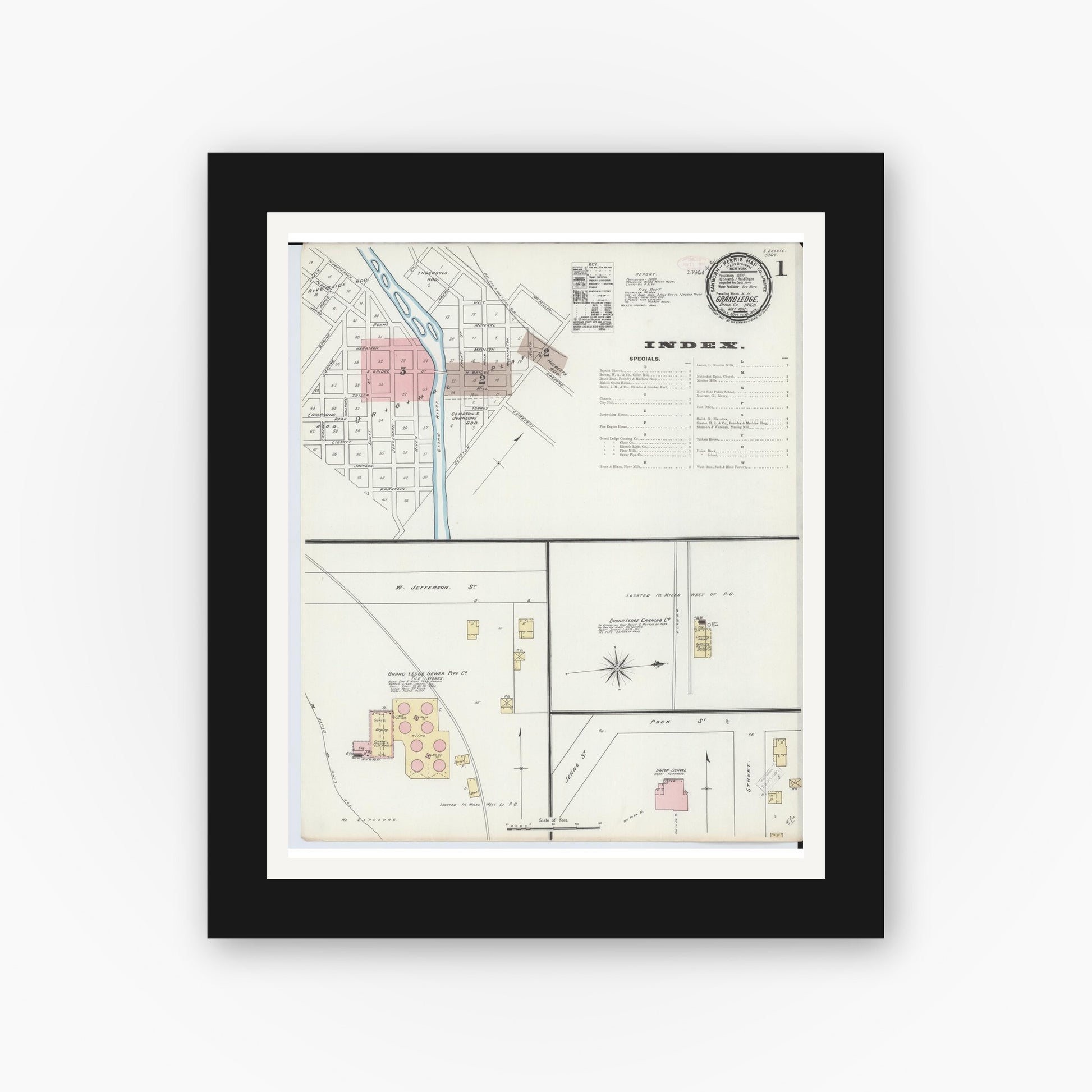 Old map wall art mockup — black gallery frame with white mat — Sanborn Fire Insurance Map from Grand Ledge, Eaton County, Michigan (1892), Sheet #0001