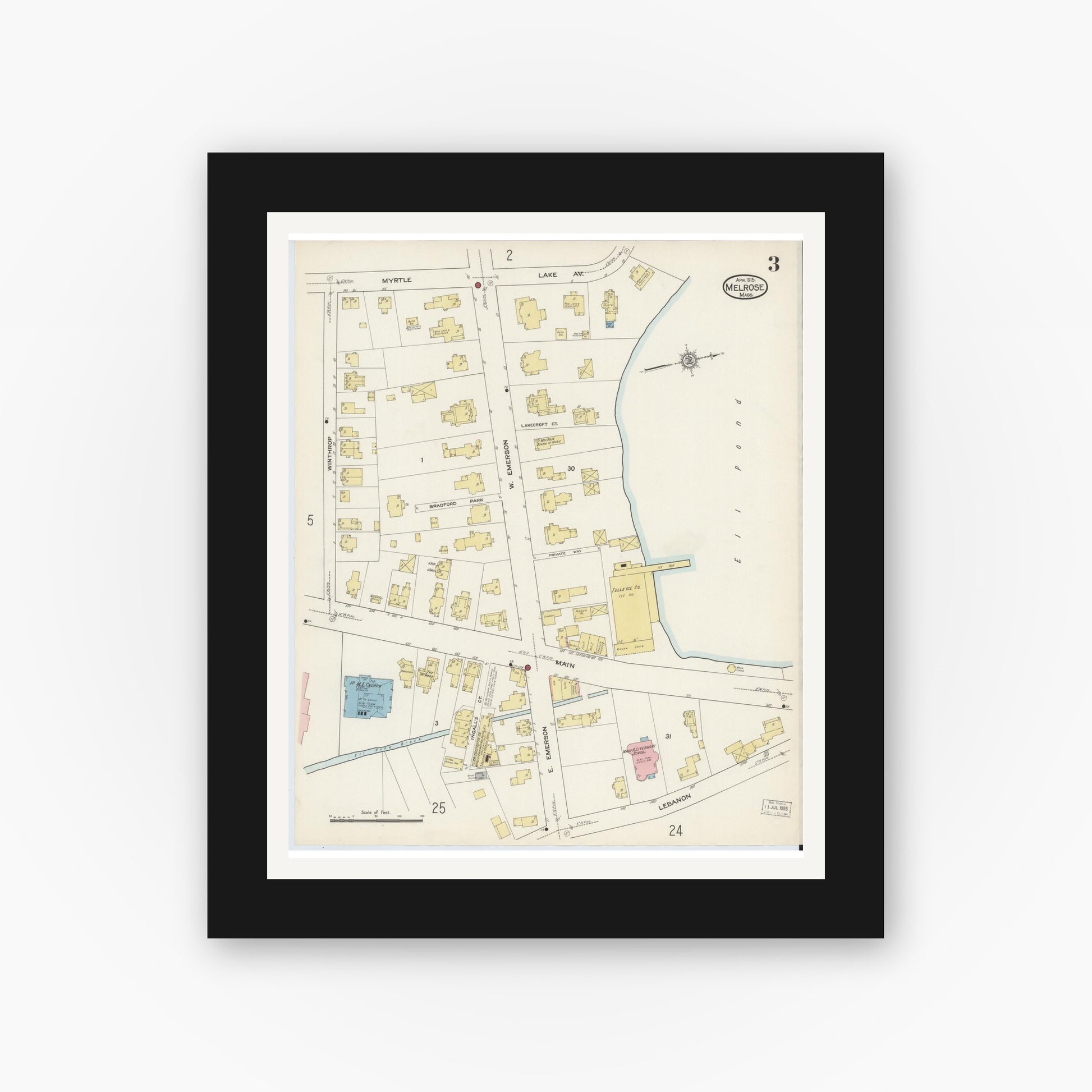 Old map wall art mockup — black gallery frame with white mat — Sanborn Fire Insurance Map from Melrose, Middlesex County, Massachusetts (1915), Sheet #0003