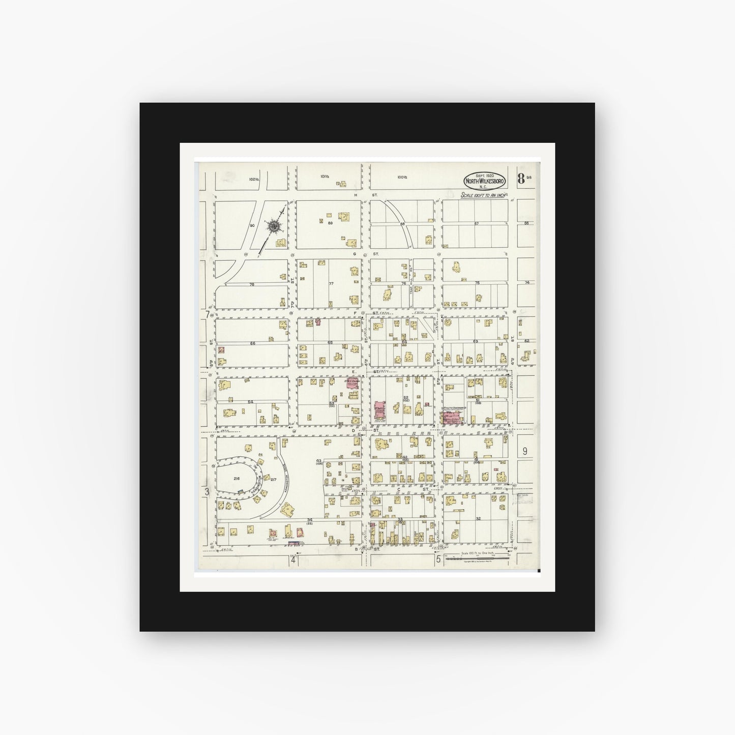 Old map wall art mockup — black gallery frame with white mat — Sanborn Fire Insurance Map from North Wilkesboro, Wilkes County, North Carolina (1920), Sheet #0008