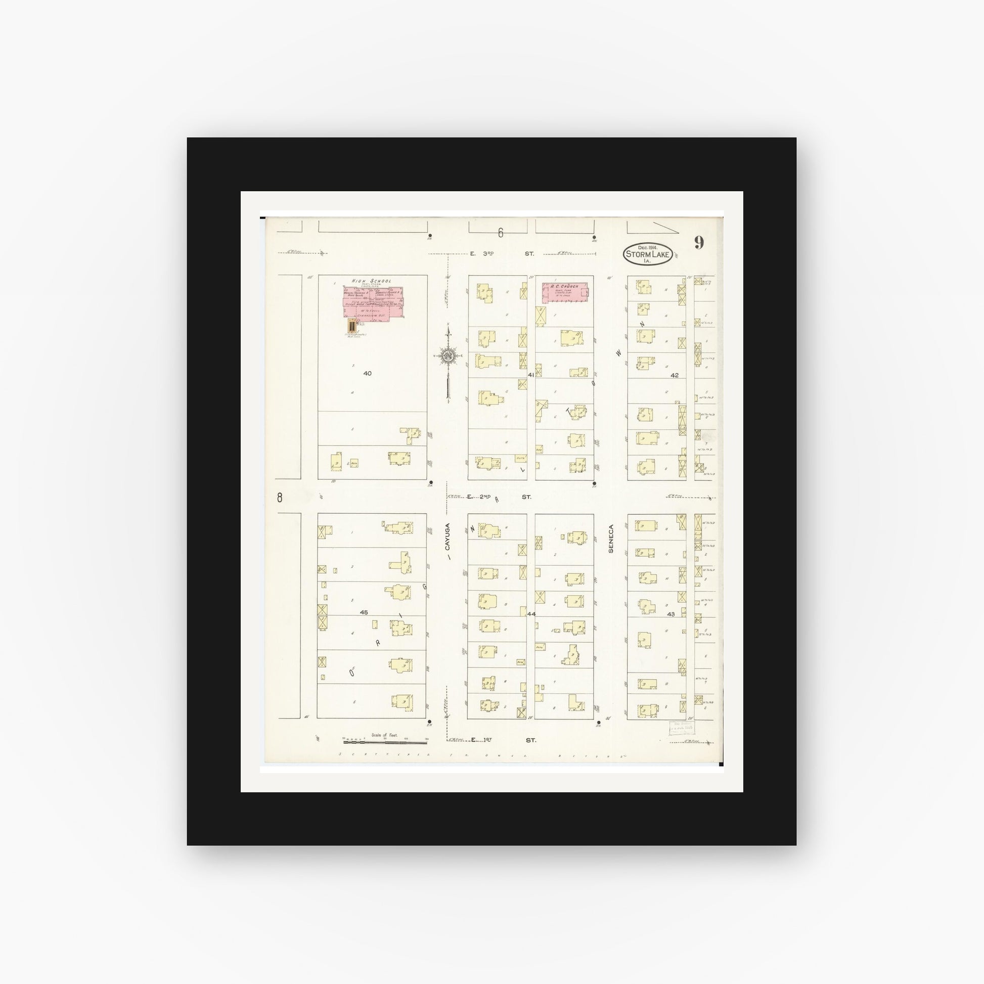 Old map wall art mockup — black gallery frame with white mat — Sanborn Fire Insurance Map from Storm Lake, Buena Vista County, Iowa (1914), Sheet #0009