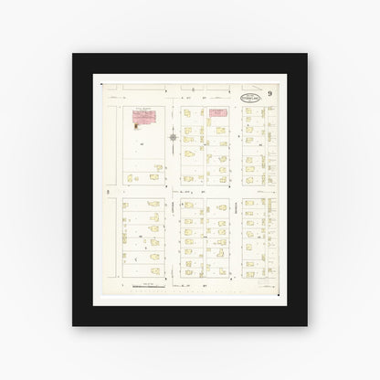 Old map wall art mockup — black gallery frame with white mat — Sanborn Fire Insurance Map from Storm Lake, Buena Vista County, Iowa (1914), Sheet #0009