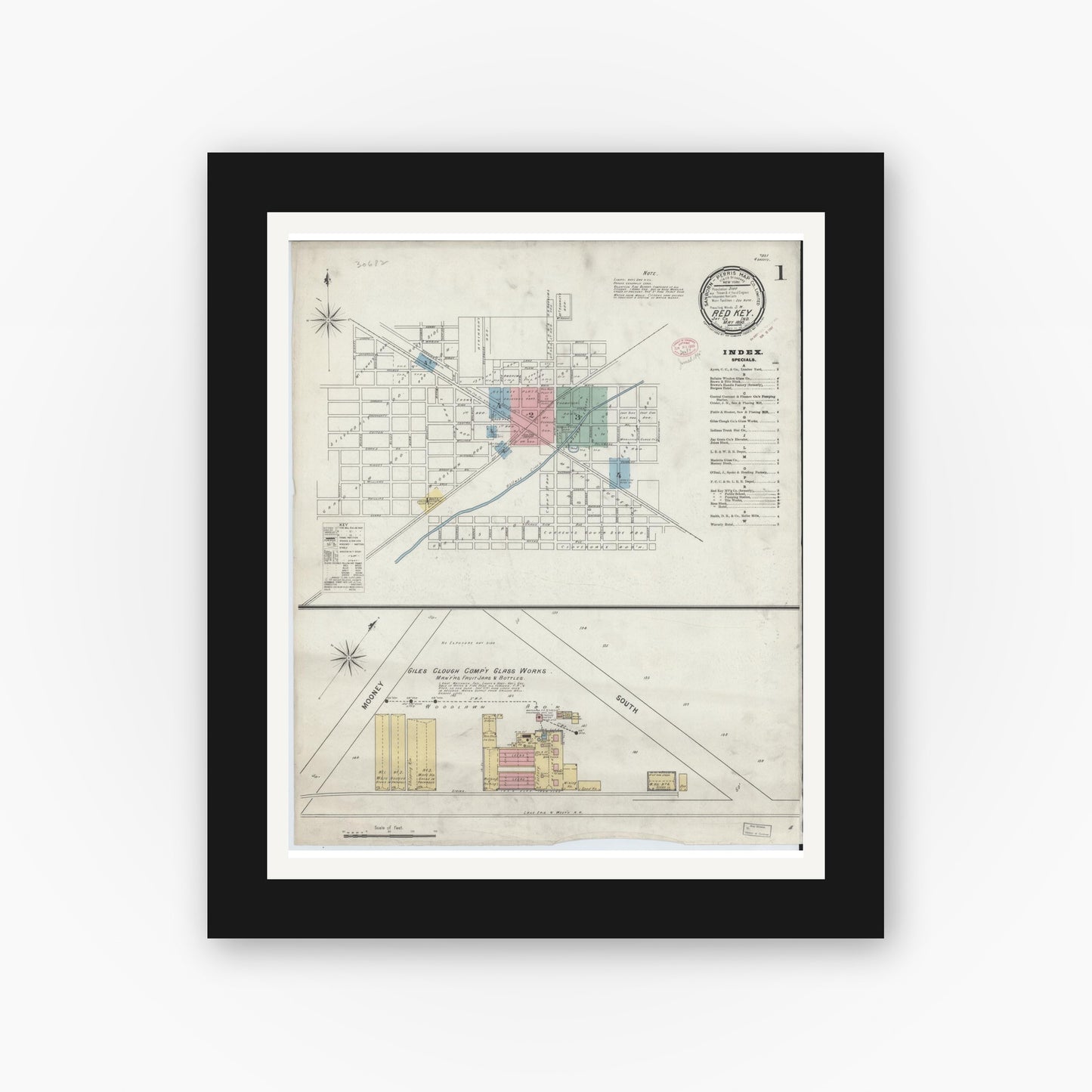 Old map wall art mockup — black gallery frame with white mat — Sanborn Fire Insurance Map from Redkey, Jay County, Indiana (1895) - Complete Map Set