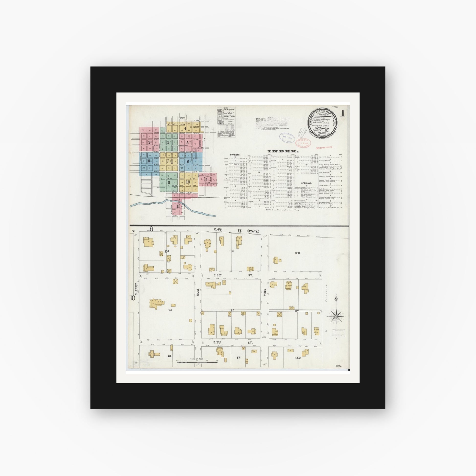 Old map wall art mockup — black gallery frame with white mat — Sanborn Fire Insurance Map from Bonham, Fannin County, Texas (1897), Sheet #0001