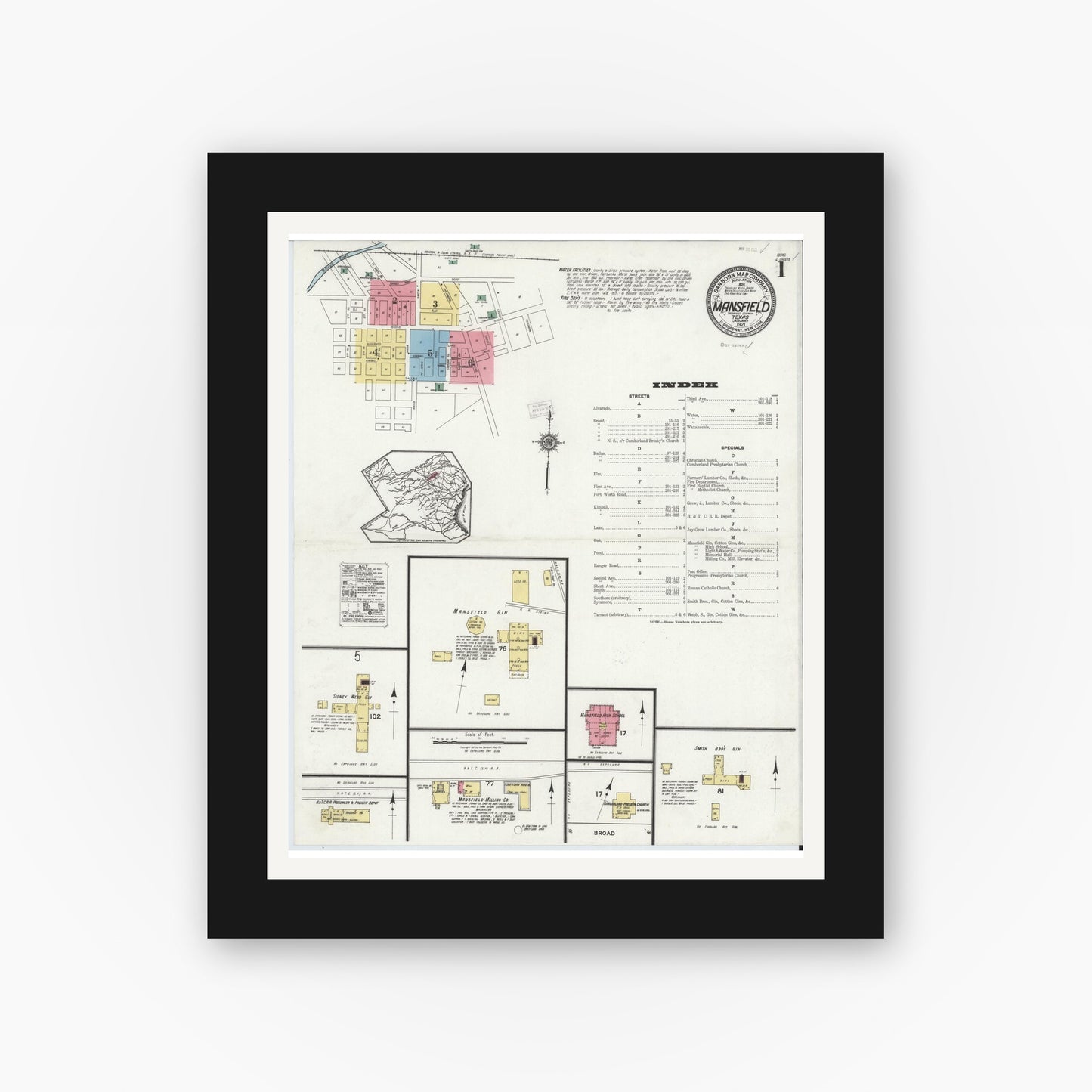 Old map wall art mockup — black gallery frame with white mat — Sanborn Fire Insurance Map from Mansfield, Tarrant County, Texas (1921), Sheet #0001