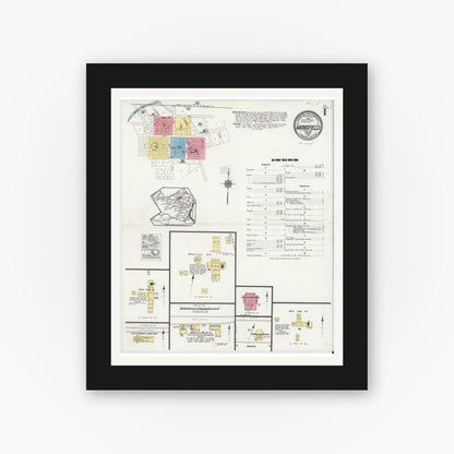 Old map wall art mockup — black gallery frame with white mat — Sanborn Fire Insurance Map from Mansfield, Tarrant County, Texas (1921), Sheet #0001